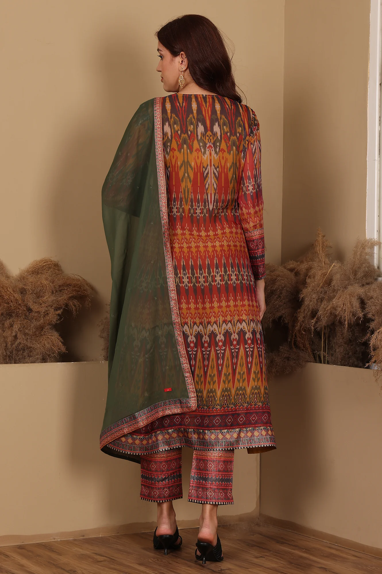 Mustard Yellow Ikkat Printed Embellished Organza Anarkali Kurta, Pants And Dupatta Set - Image 5
