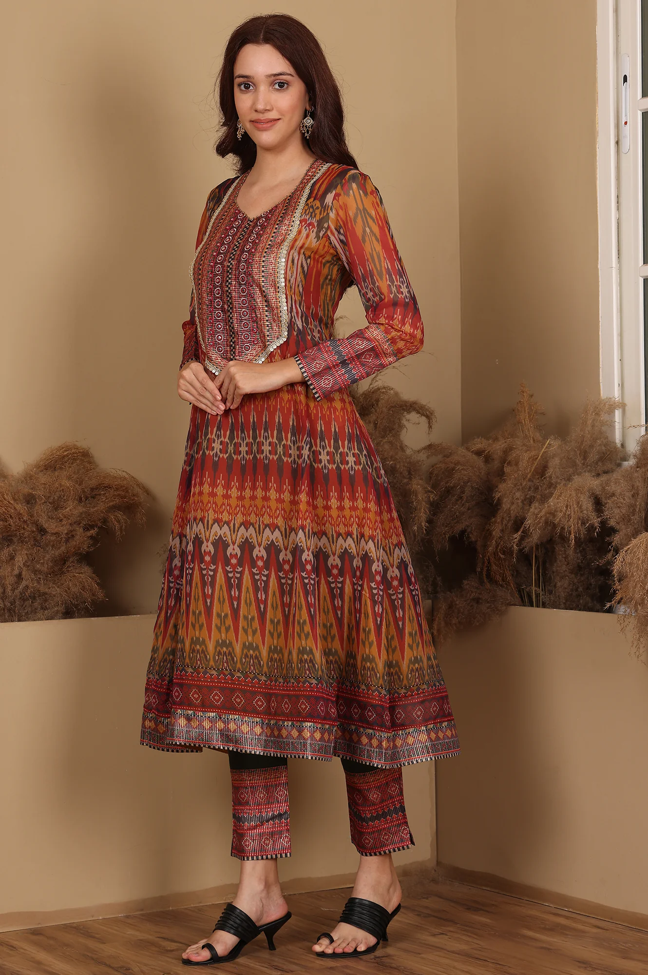 Mustard Yellow Ikkat Printed Embellished Organza Anarkali Kurta, Pants And Dupatta Set - Image 6
