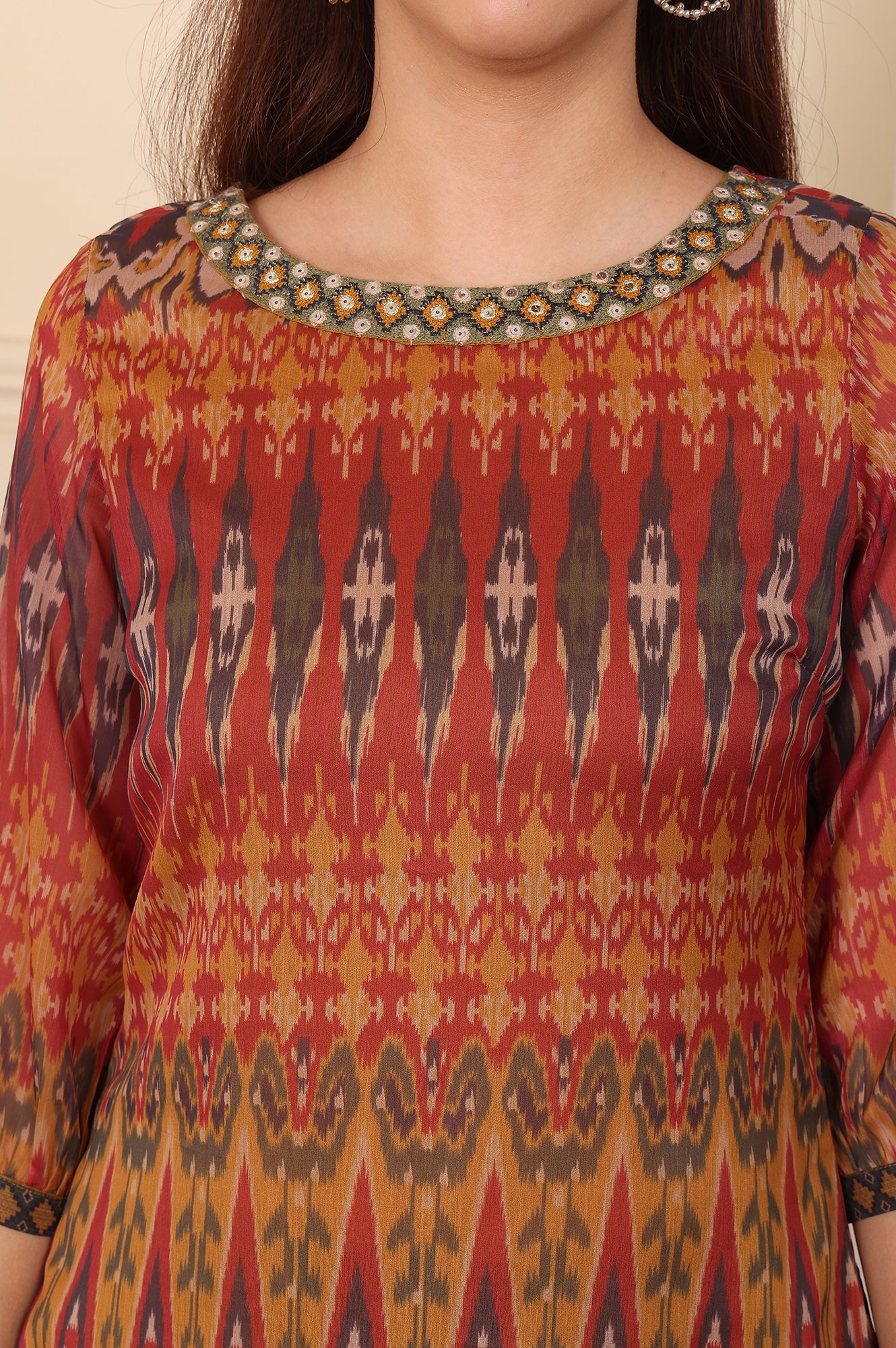 Mustard Yellow Ikkat Printed Layered Kurta With Embellished Neck - Image 3