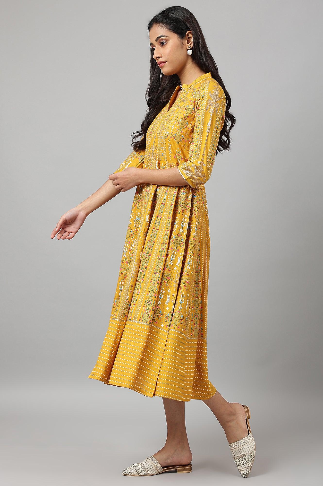 Mustard Yellow Kalidar Printed Dress - Image 3