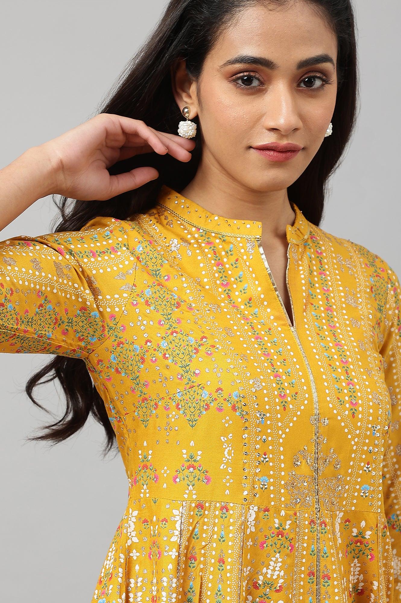 Mustard Yellow Kalidar Printed Dress - Image 9