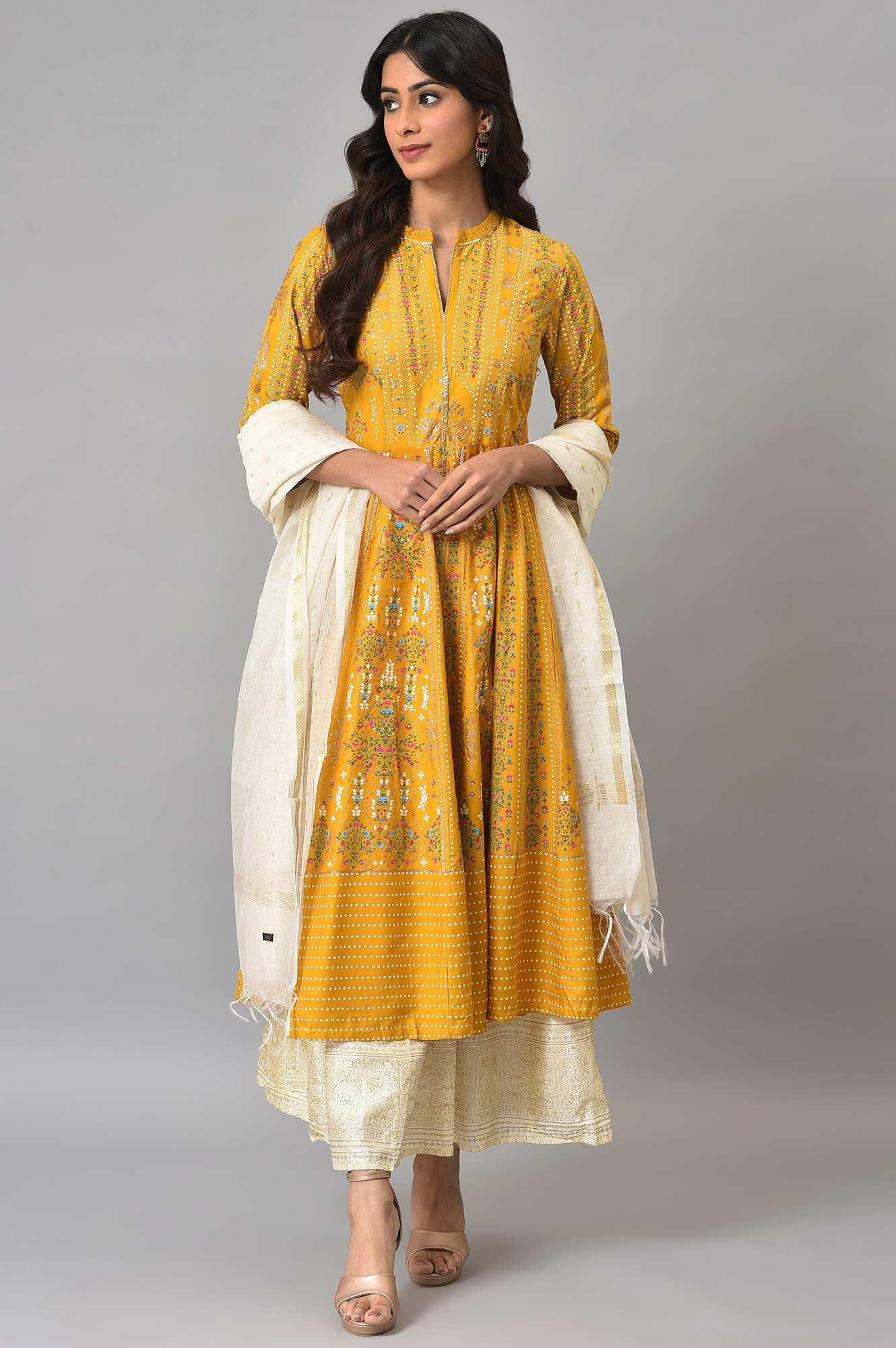 Mustard Yellow Kalidar Printed Dress With White Skirt And Chanderi Dupatta - Image 10