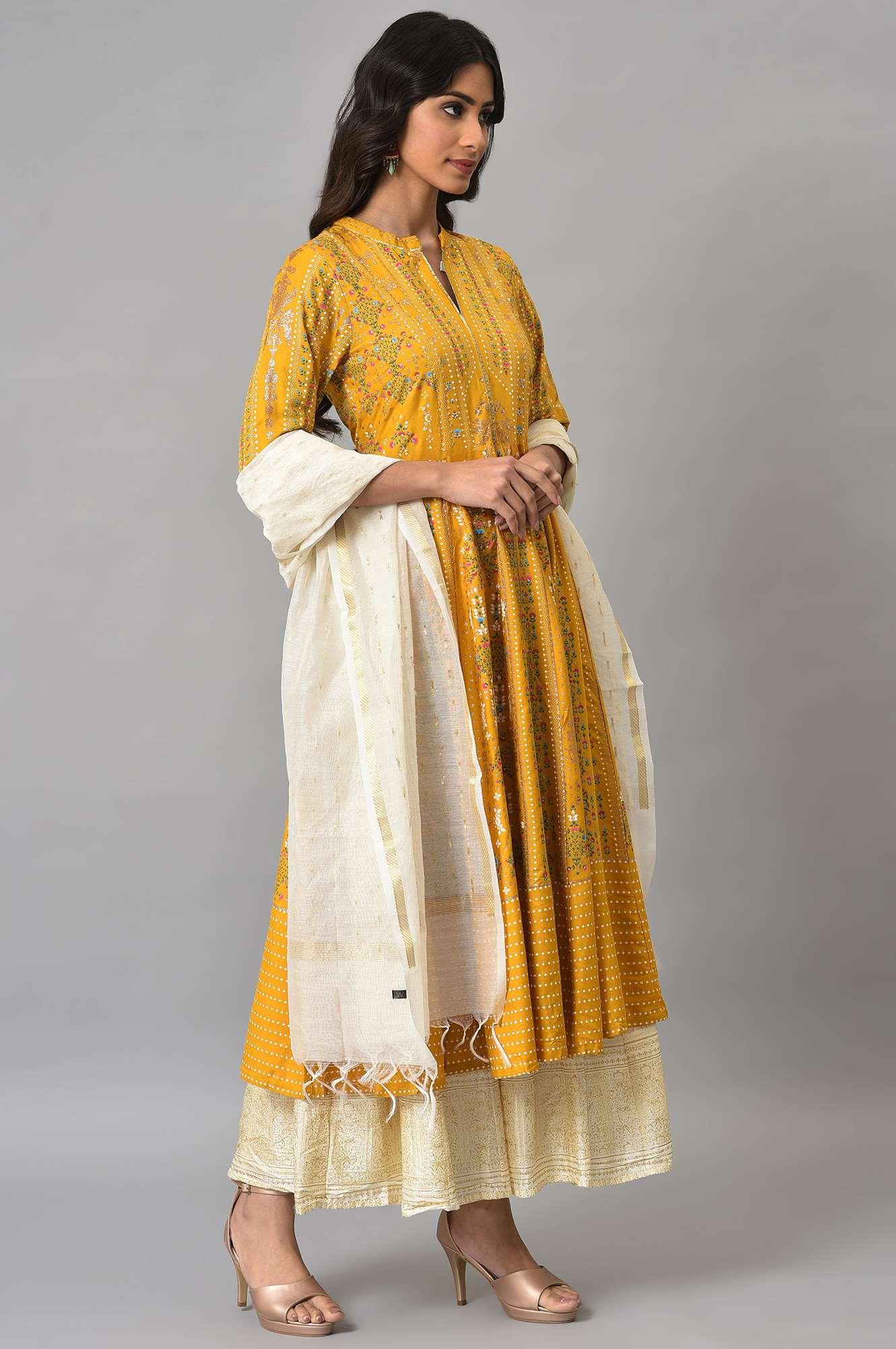 Mustard Yellow Kalidar Printed Dress With White Skirt And Chanderi Dupatta - Image 4