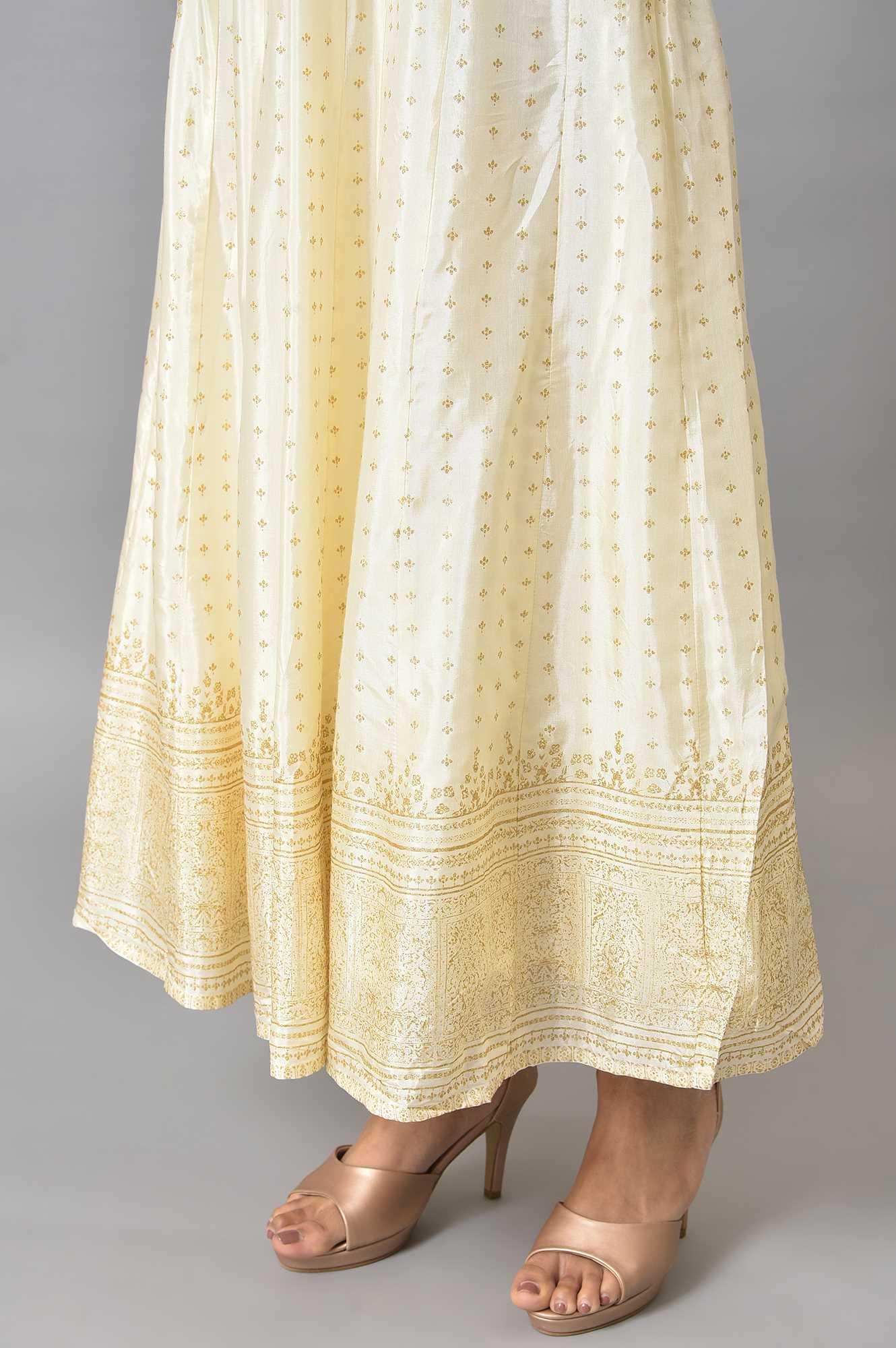 Mustard Yellow Kalidar Printed Dress With White Skirt And Chanderi Dupatta - Image 8