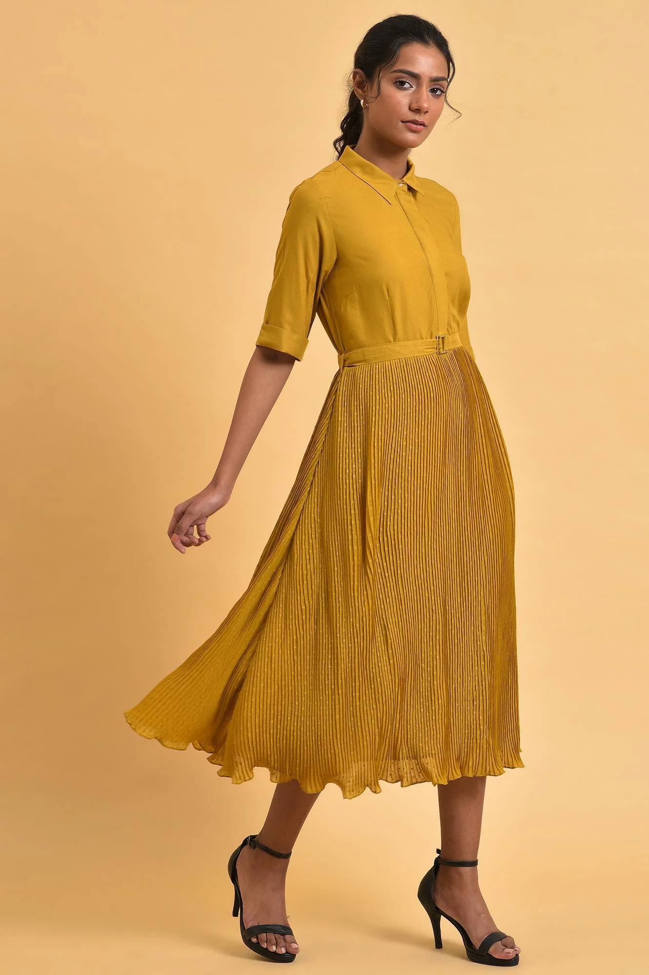 Mustard Yellow Pleated Rayon Flared Dress with Belt - Image 4