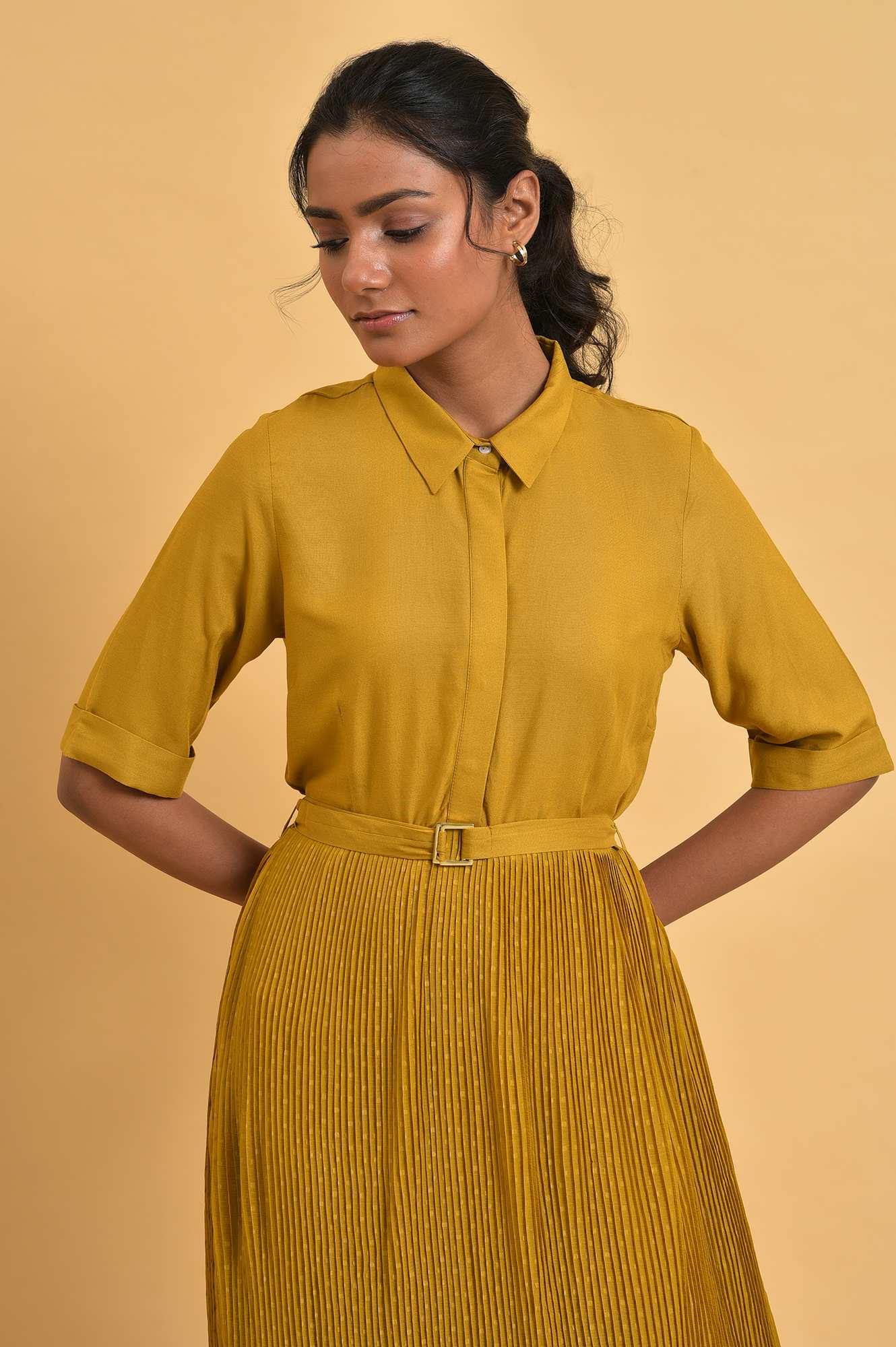 Mustard Yellow Pleated Rayon Flared Dress with Belt - Image 5