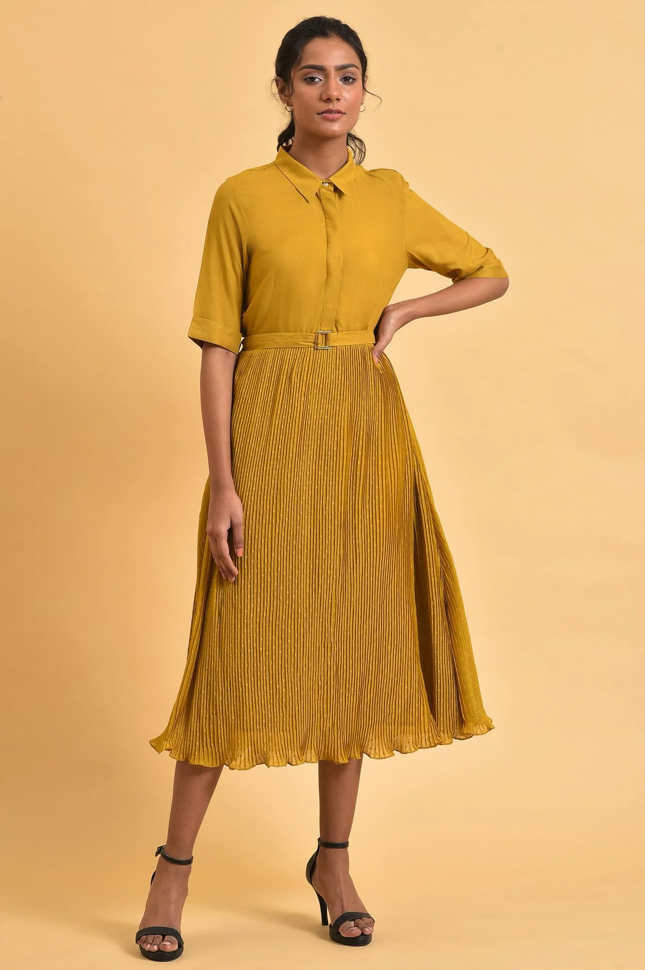 Mustard Yellow Pleated Rayon Flared Dress with Belt - Image 6