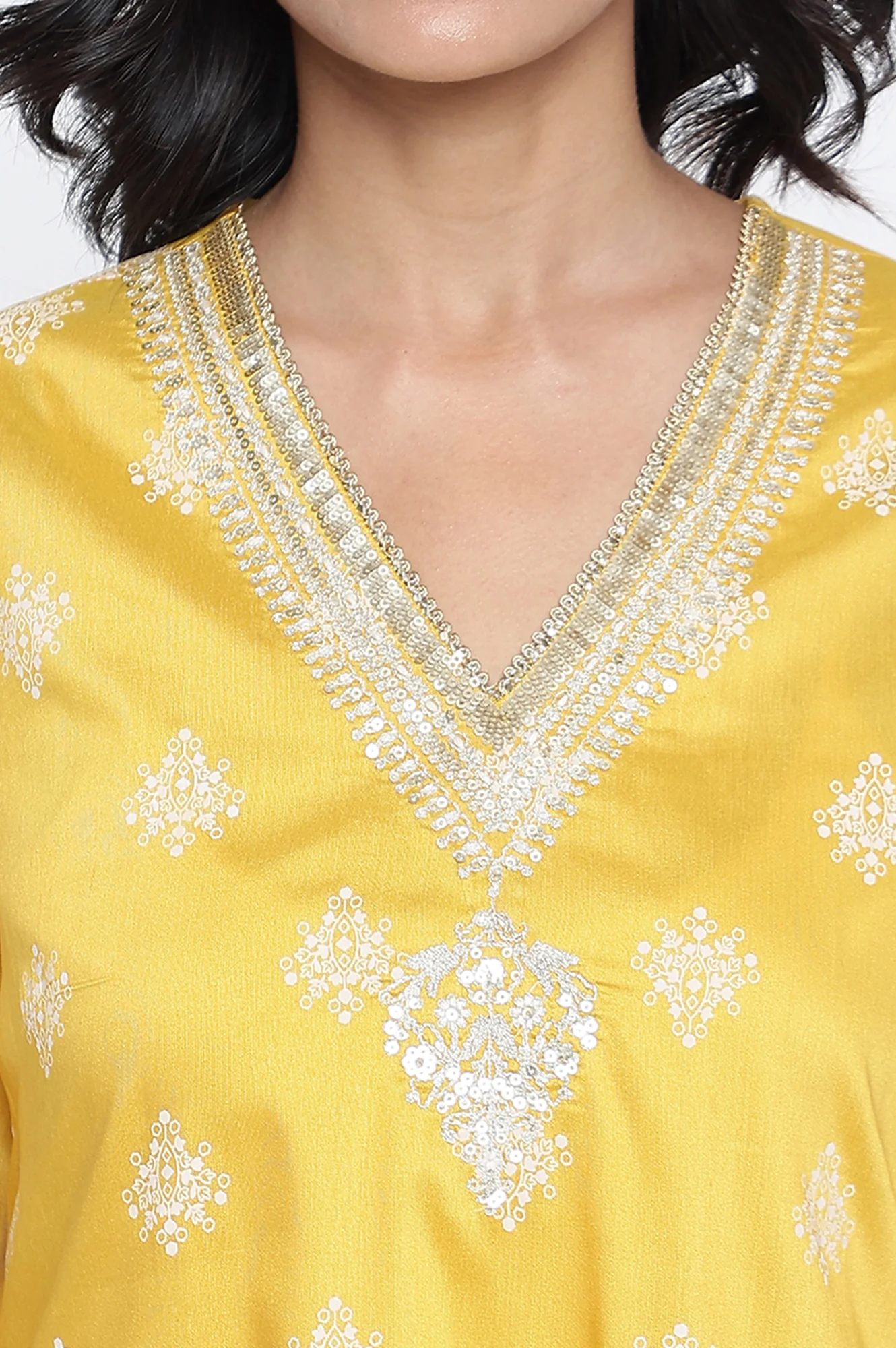 Mustard Yellow Printed A-line Kurta - Image 2