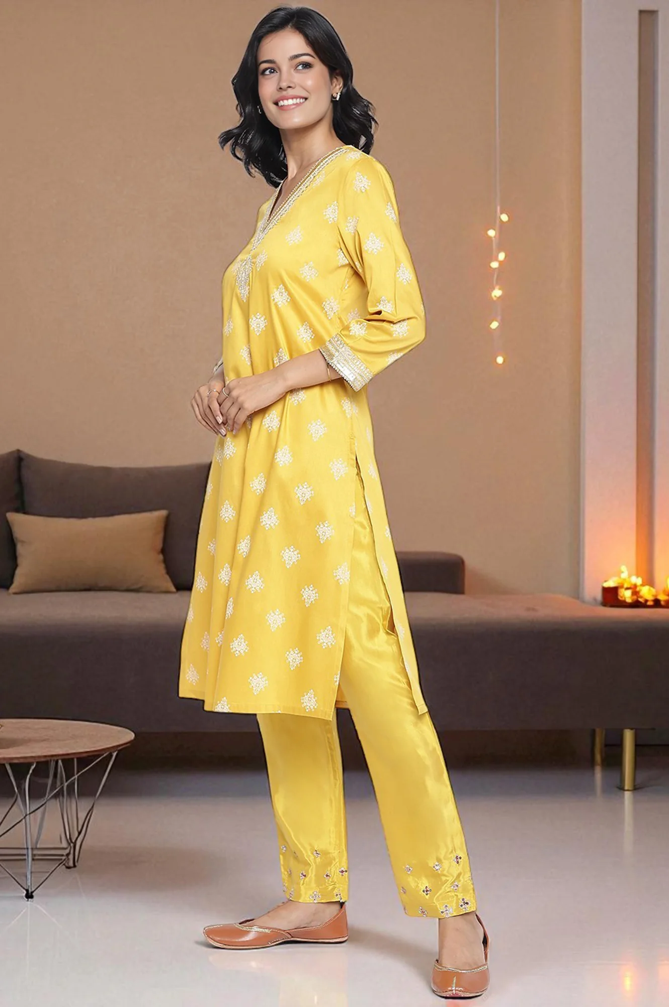 Mustard Yellow Printed A-line Kurta - Image 3