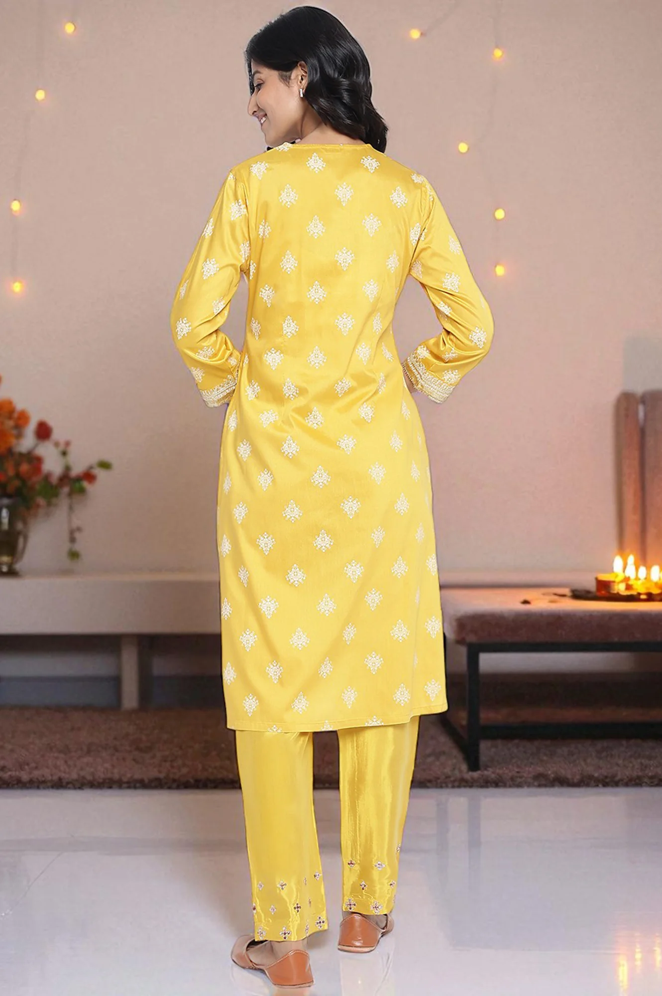 Mustard Yellow Printed A-line Kurta - Image 4
