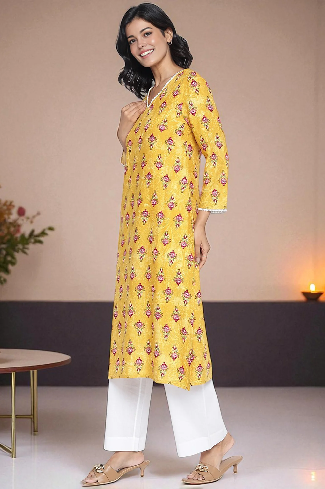 Mustard Yellow Printed Rayon Straight Kurta - Image 3