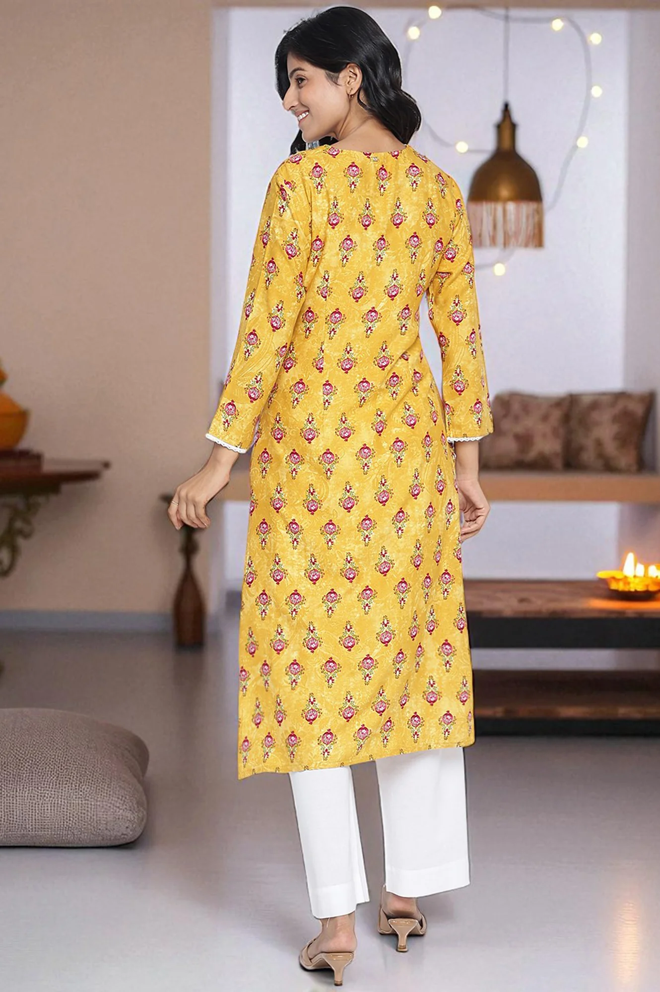 Mustard Yellow Printed Rayon Straight Kurta - Image 4