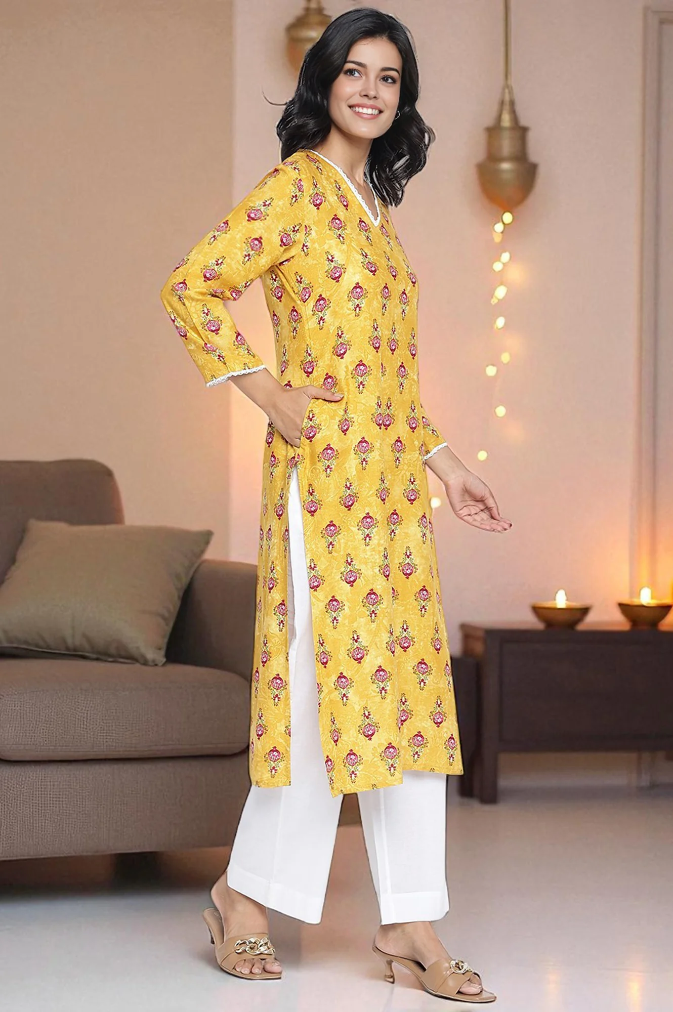 Mustard Yellow Printed Rayon Straight Kurta - Image 5