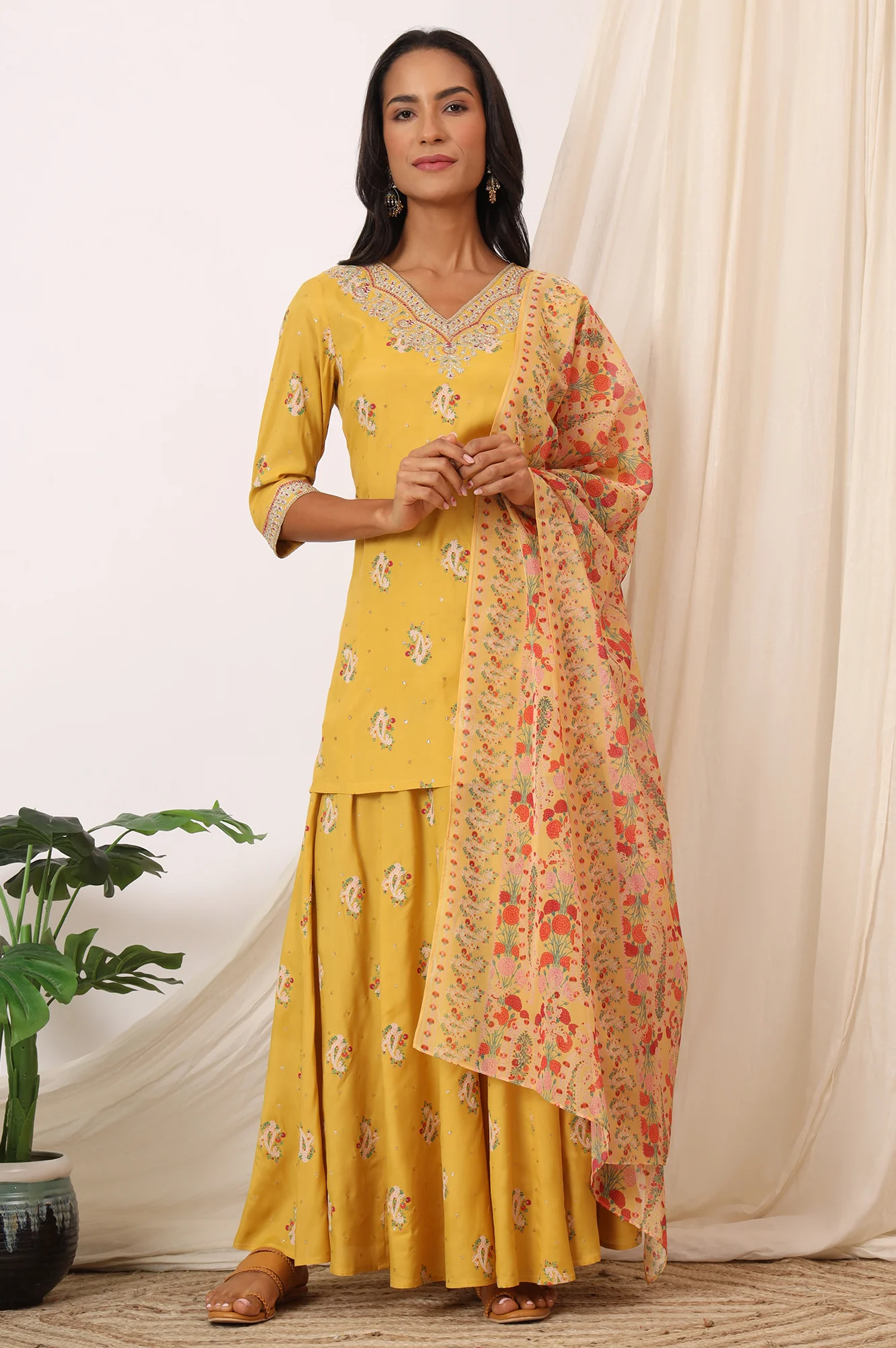 Mustard Yellow Printed Short Shantung Kurti, Culottes and Dupatta Set - Image 3