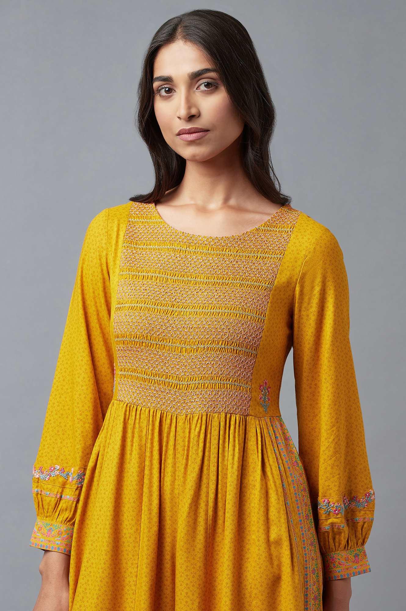 Mustard Yellow Smocked Yoke Jumpsuit With Embroidery - Image 5