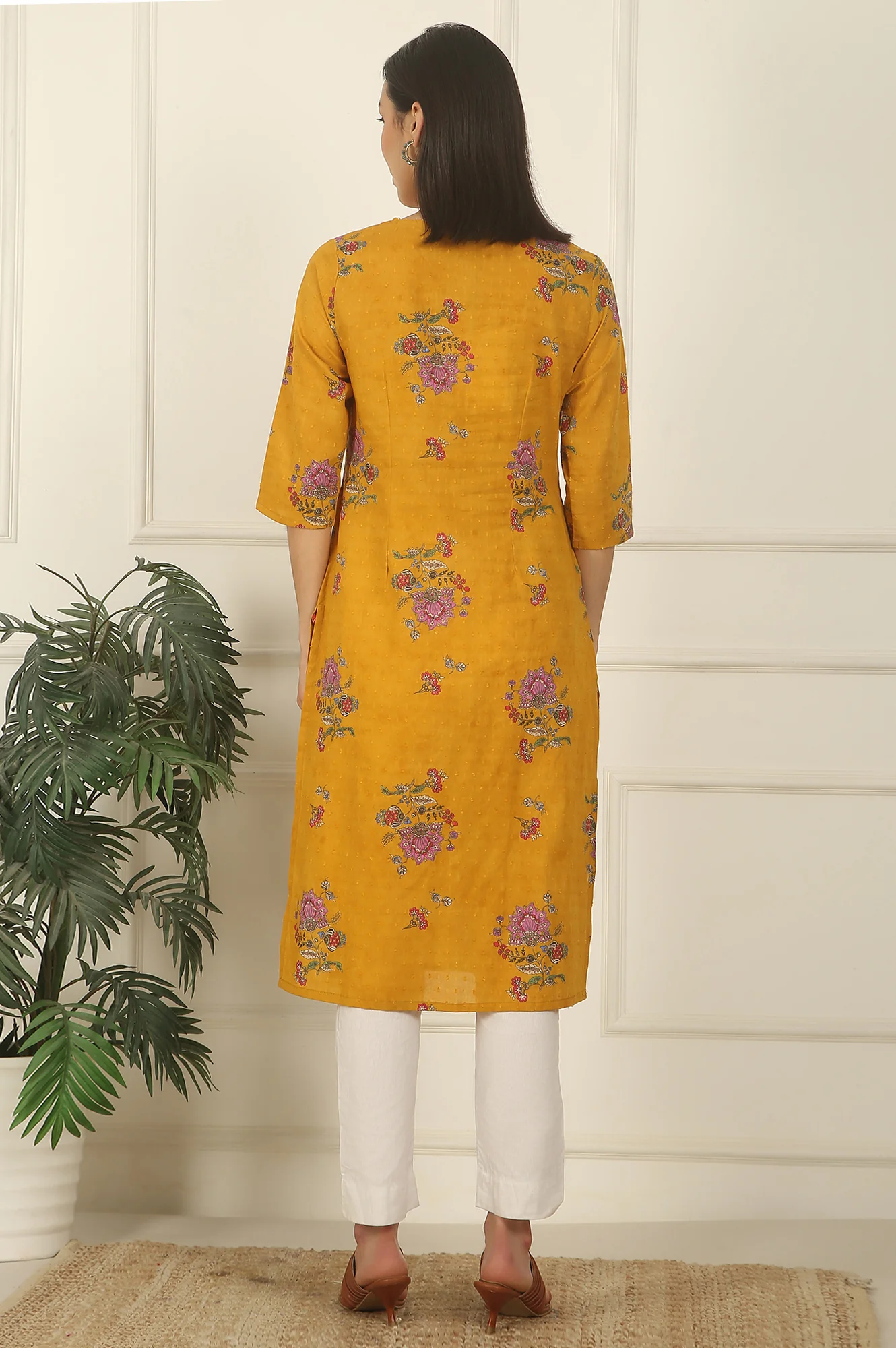 Mustard Yellow Swiss Dot Textured Cotton Straight Kurta - Image 6