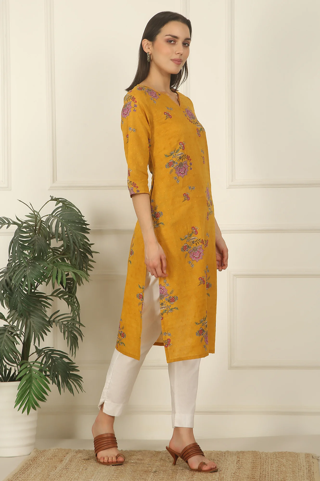 Mustard Yellow Swiss Dot Textured Cotton Straight Kurta - Image 7