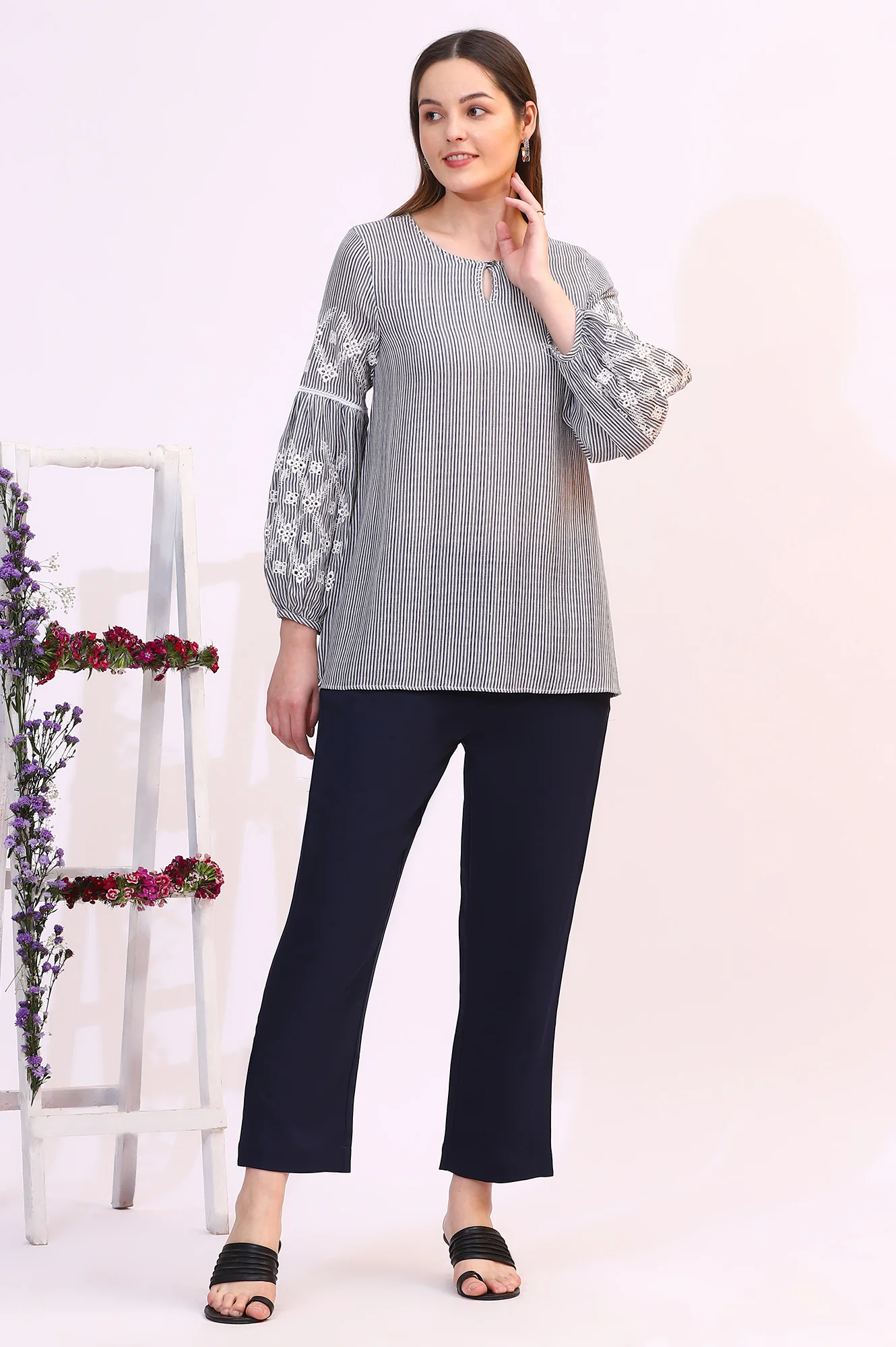 Navy and White Yarn Dyed Striped Top with Schiffli Embroidery At Sleeves - Image 3