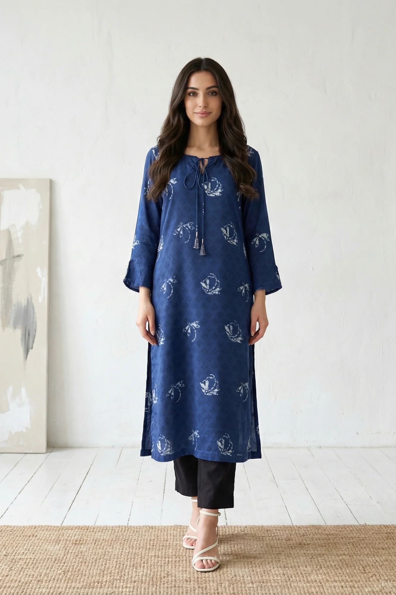 Navy Blue Batik Printed Satin Straight Kurta with Tassels