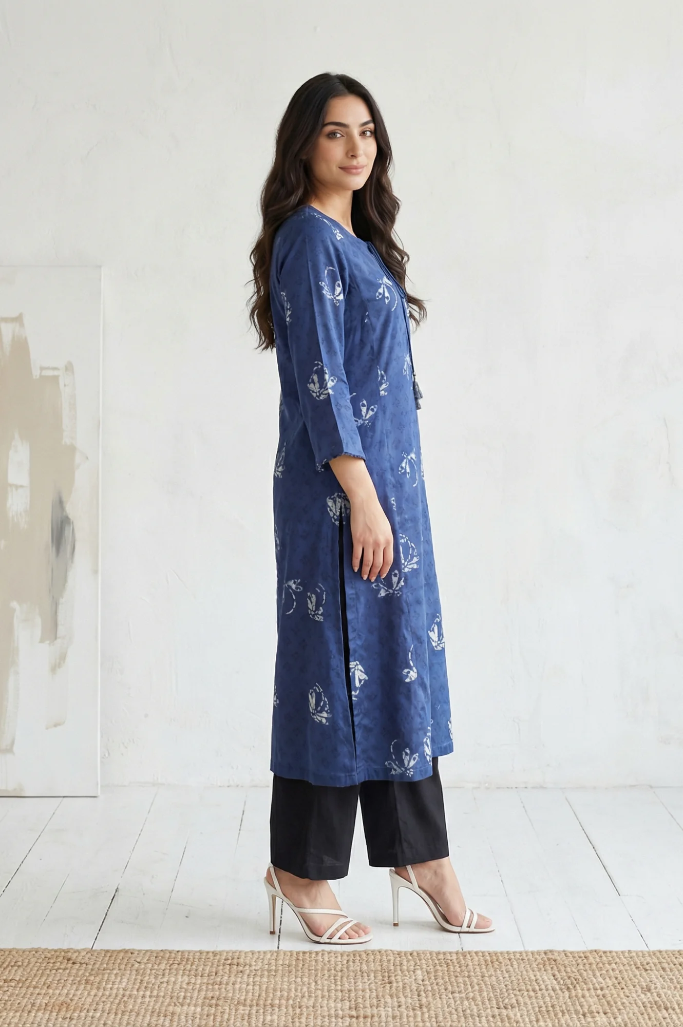Navy Blue Batik Printed Satin Straight Kurta with Tassels - Image 5