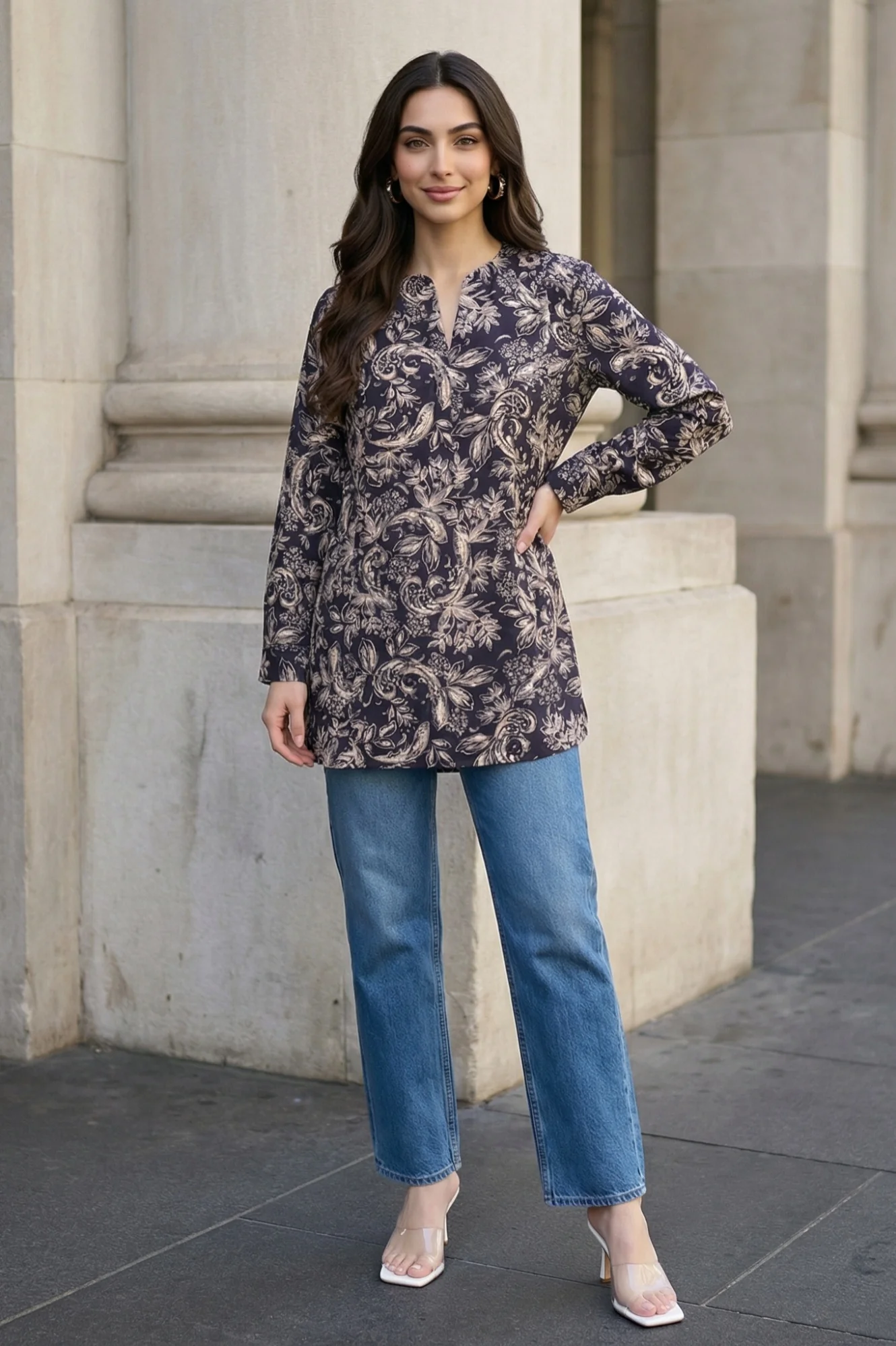 Navy Blue Block Paisley Printed Straight Tunic - Image 2