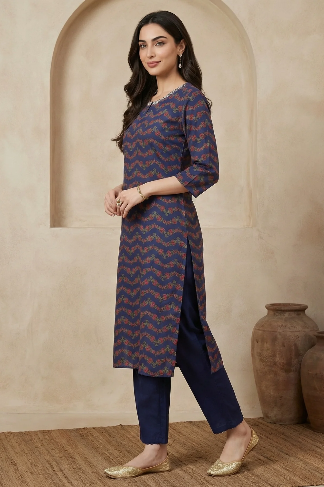 Navy Blue Chevron Beadwork Straight Kurta - Image 4