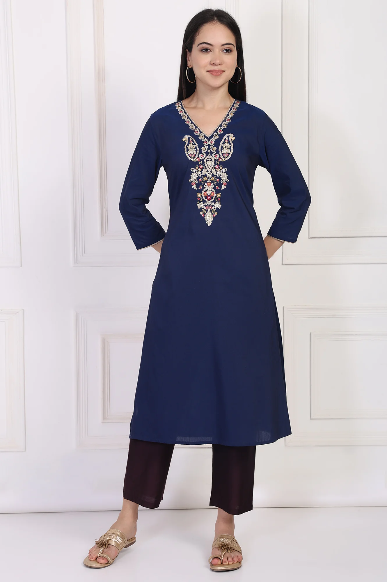 Navy Blue Embroidered A-Line Rayon Kurta - Image 2