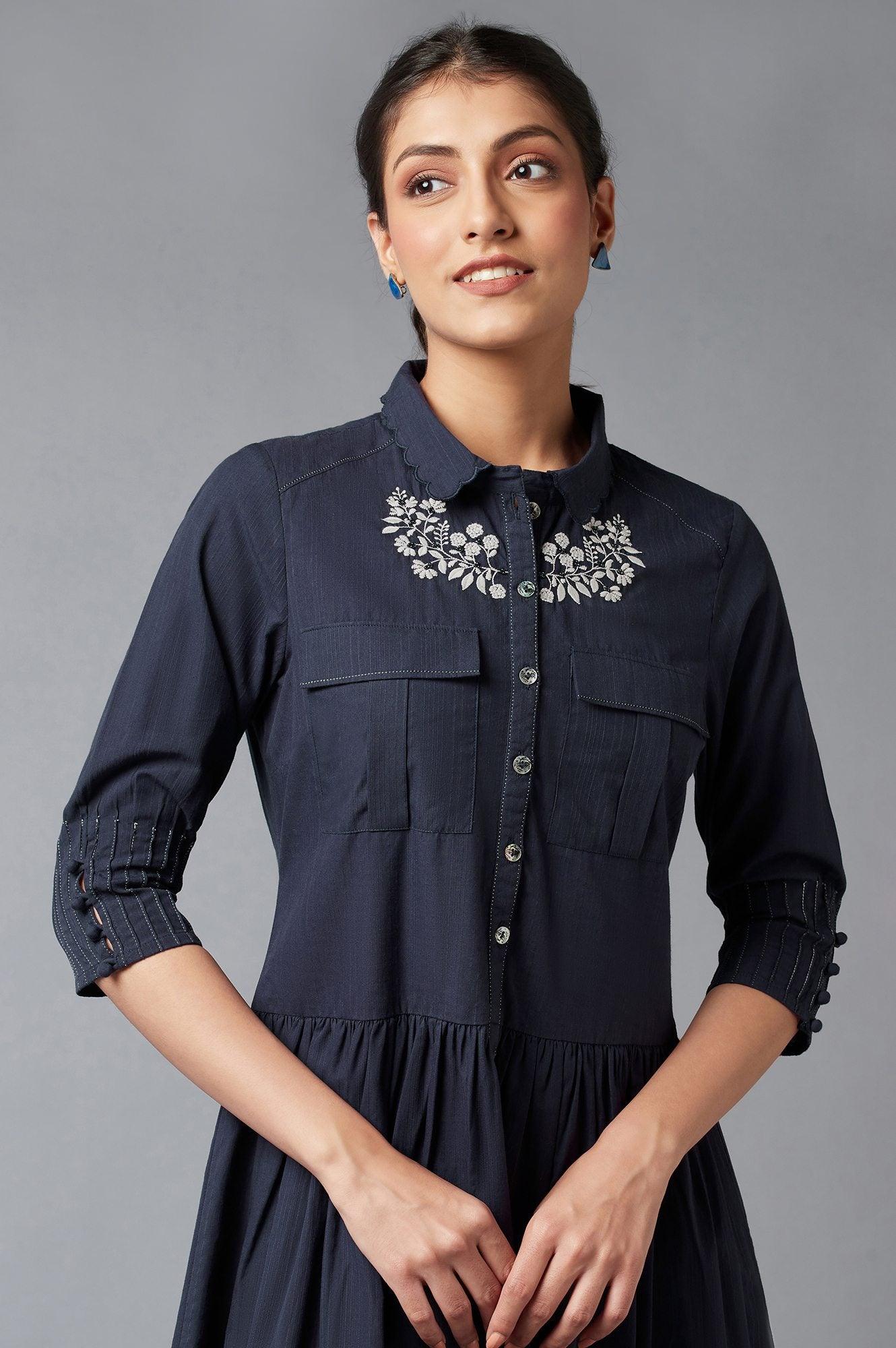 Navy Blue Embroidered Cotton Dress - Image 5