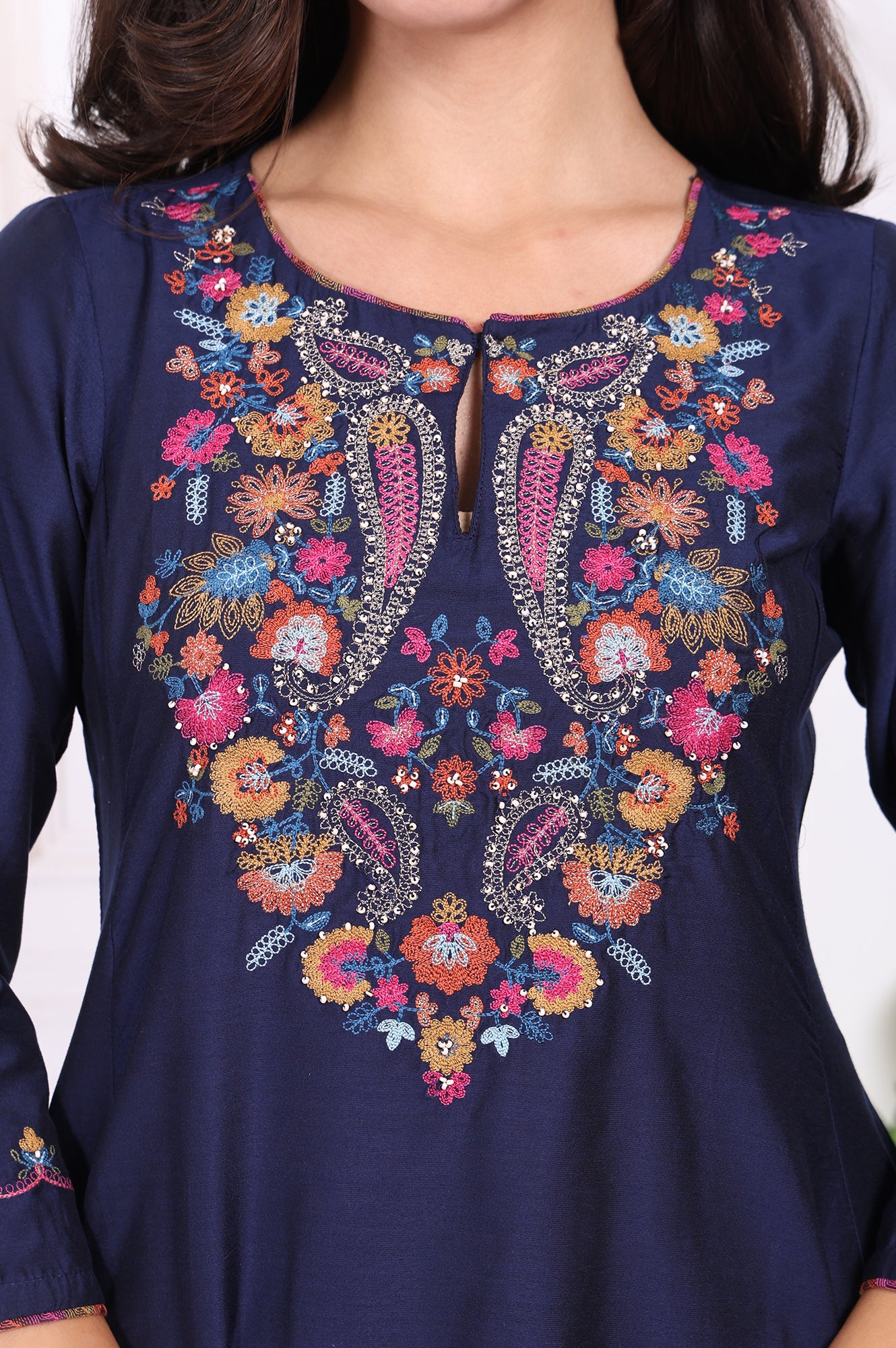 Navy Blue Embroidered Flared Kurta - Image 3
