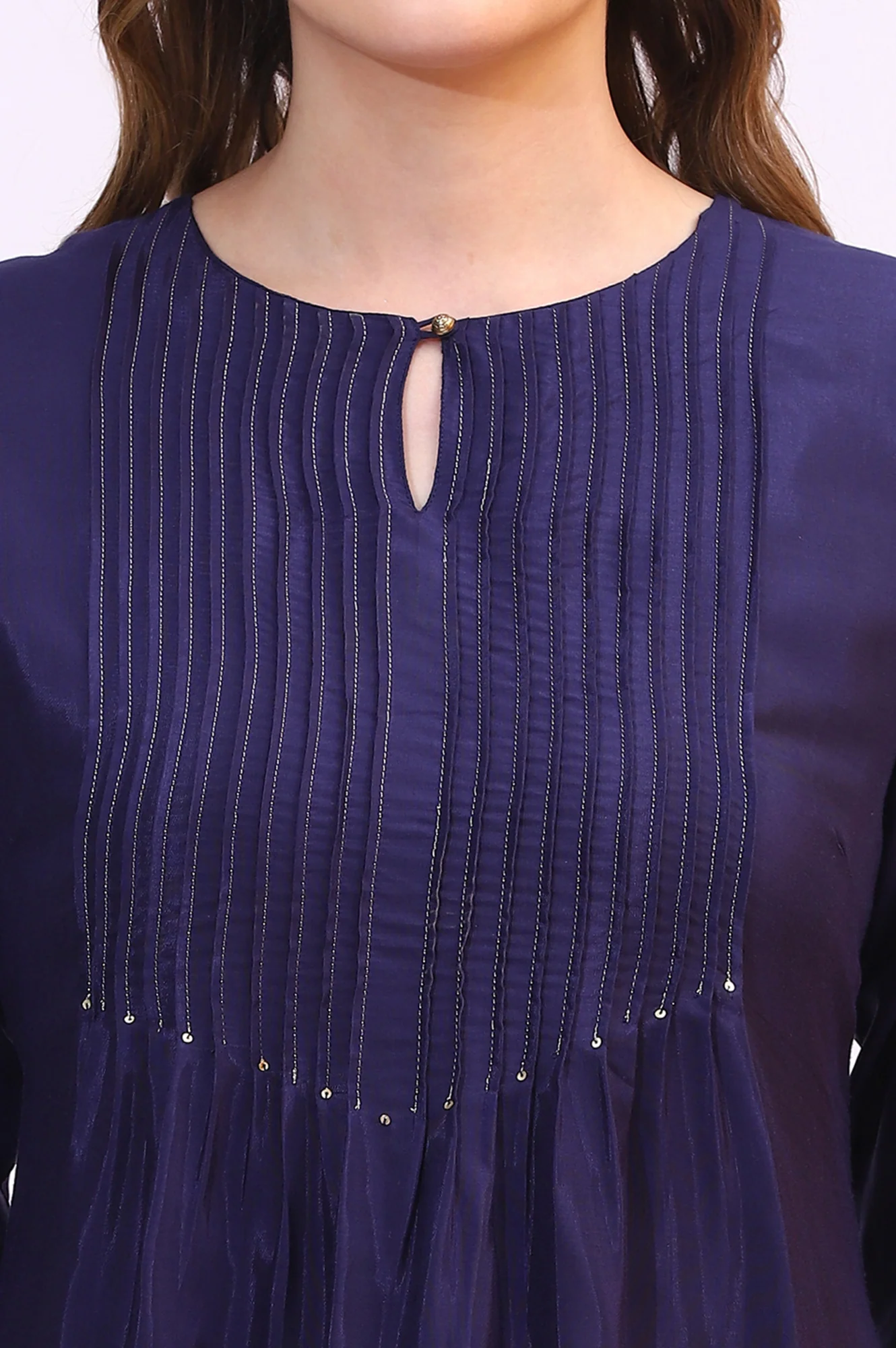 Navy Blue Embroidered Shantung Straight Kurta - Image 2