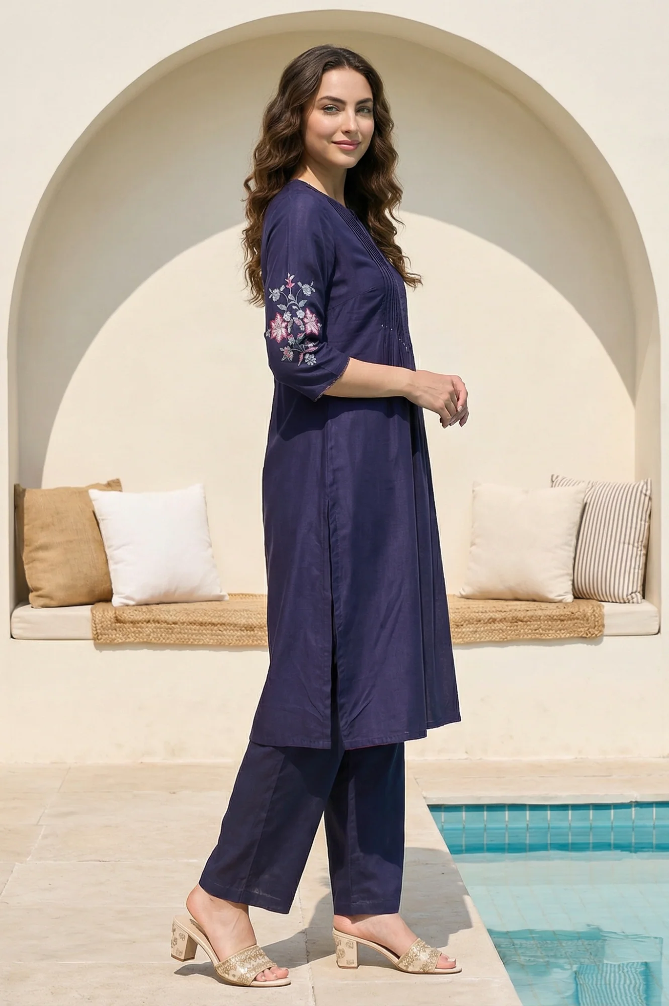 Navy Blue Embroidered Shantung Straight Kurta - Image 4