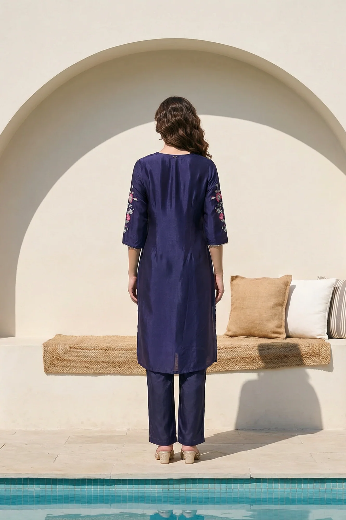 Navy Blue Embroidered Shantung Straight Kurta - Image 5