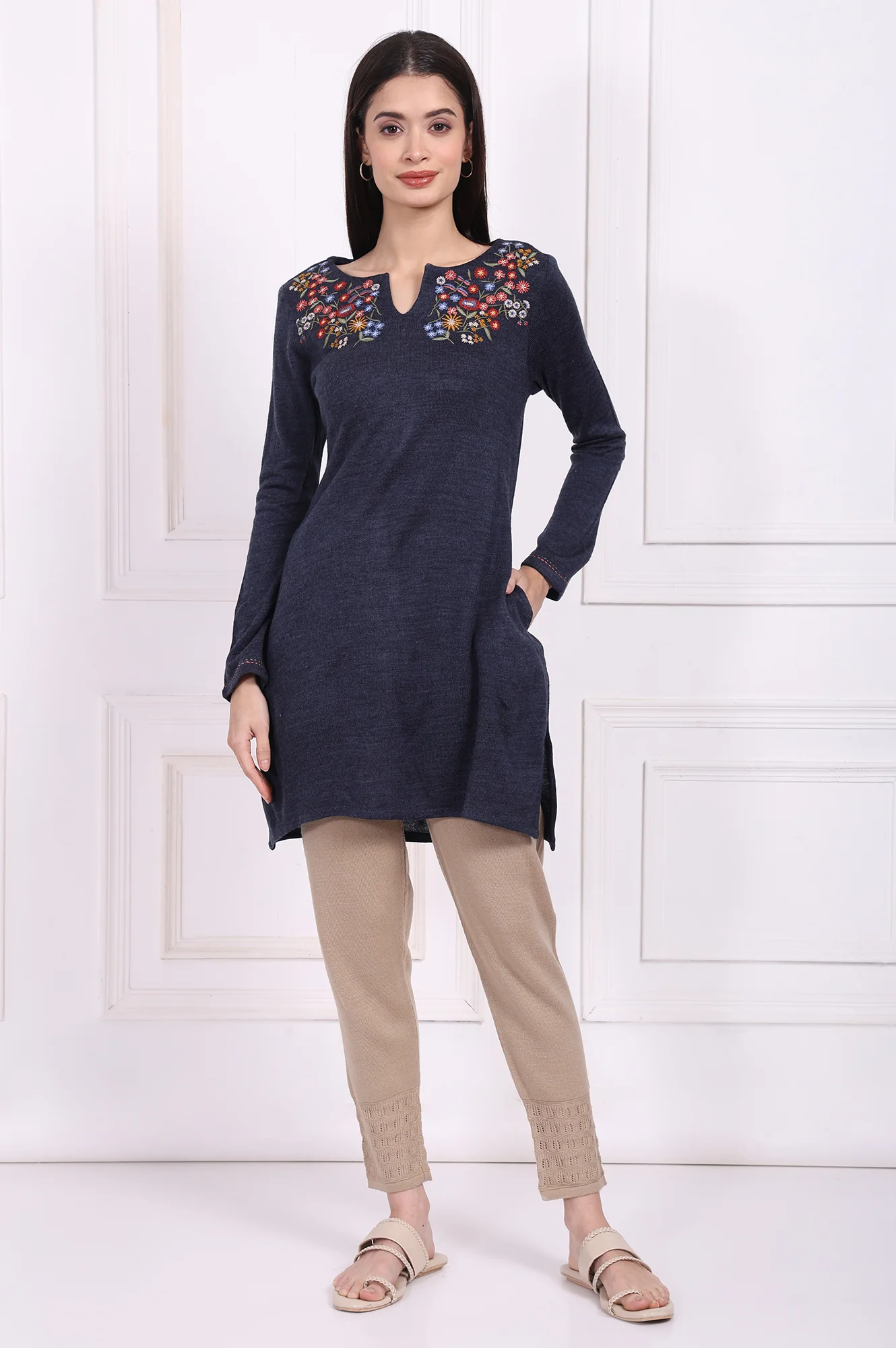 Navy Blue Embroidered Straight Acrylic Tunic - Image 2