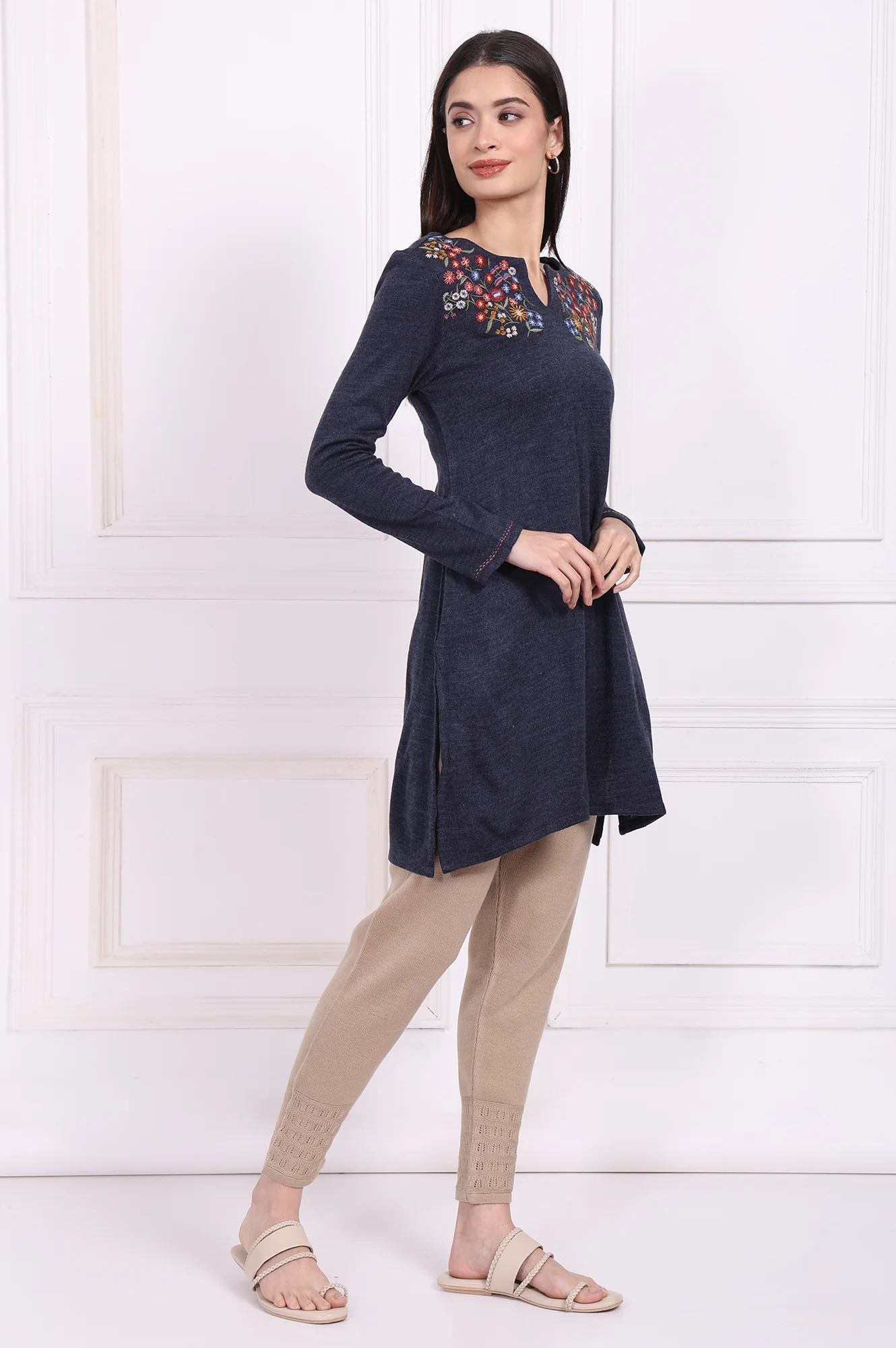 Navy Blue Embroidered Straight Acrylic Tunic - Image 6