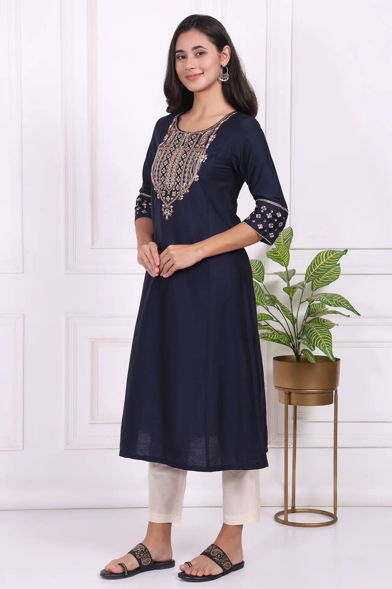 Navy Blue Embroidered Straight Kurta and Pants Set with Dupatta - Image 4