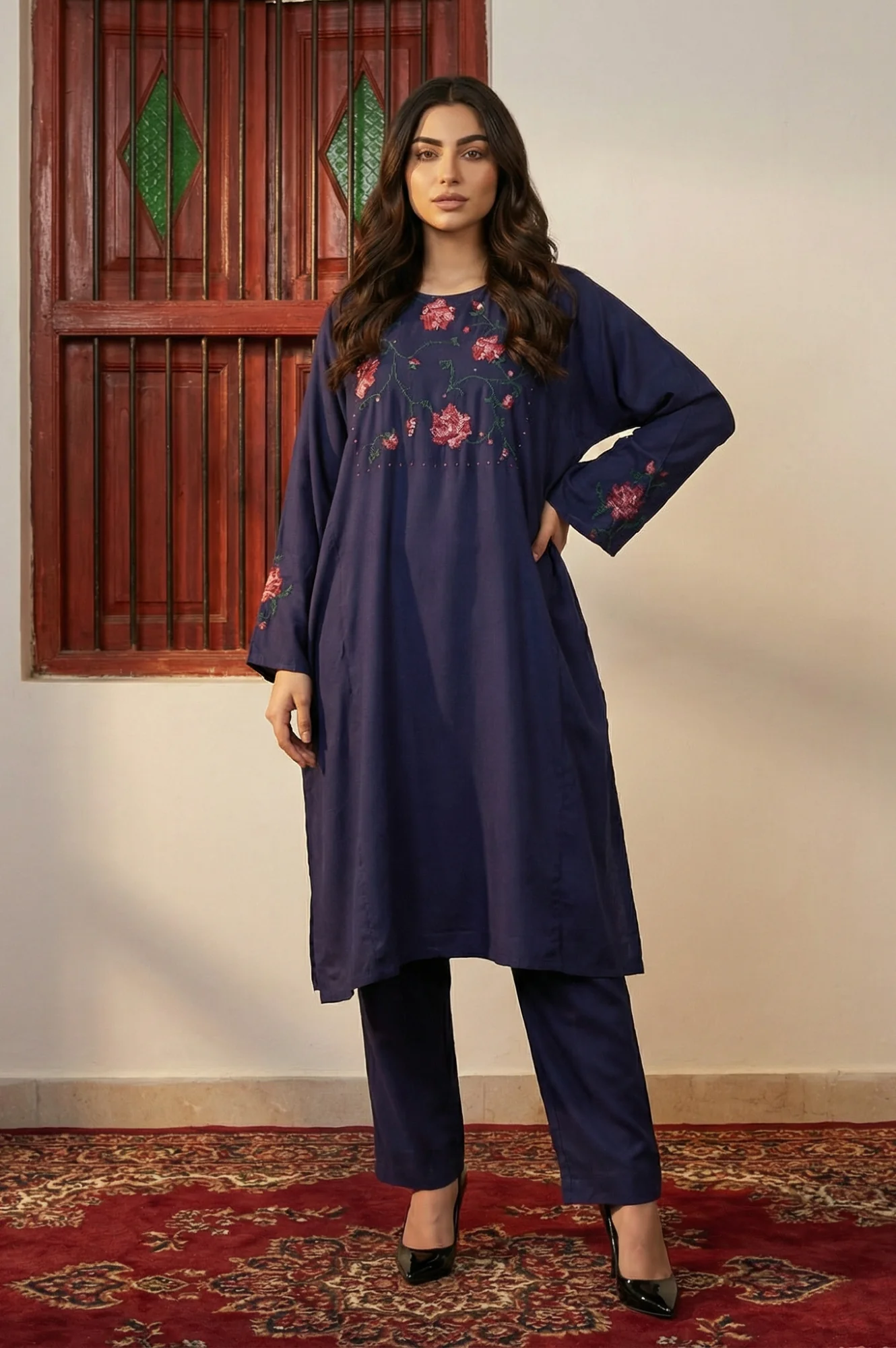 Navy Blue Thread Embroidered Straight Kurta with Pants Co-ord Set