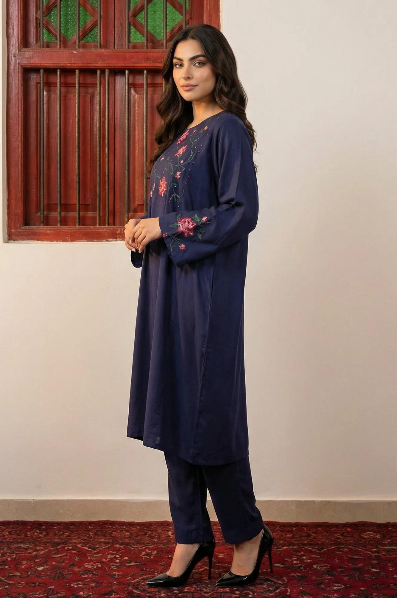Navy Blue Thread Embroidered Straight Kurta with Pants Co-ord Set - Image 3