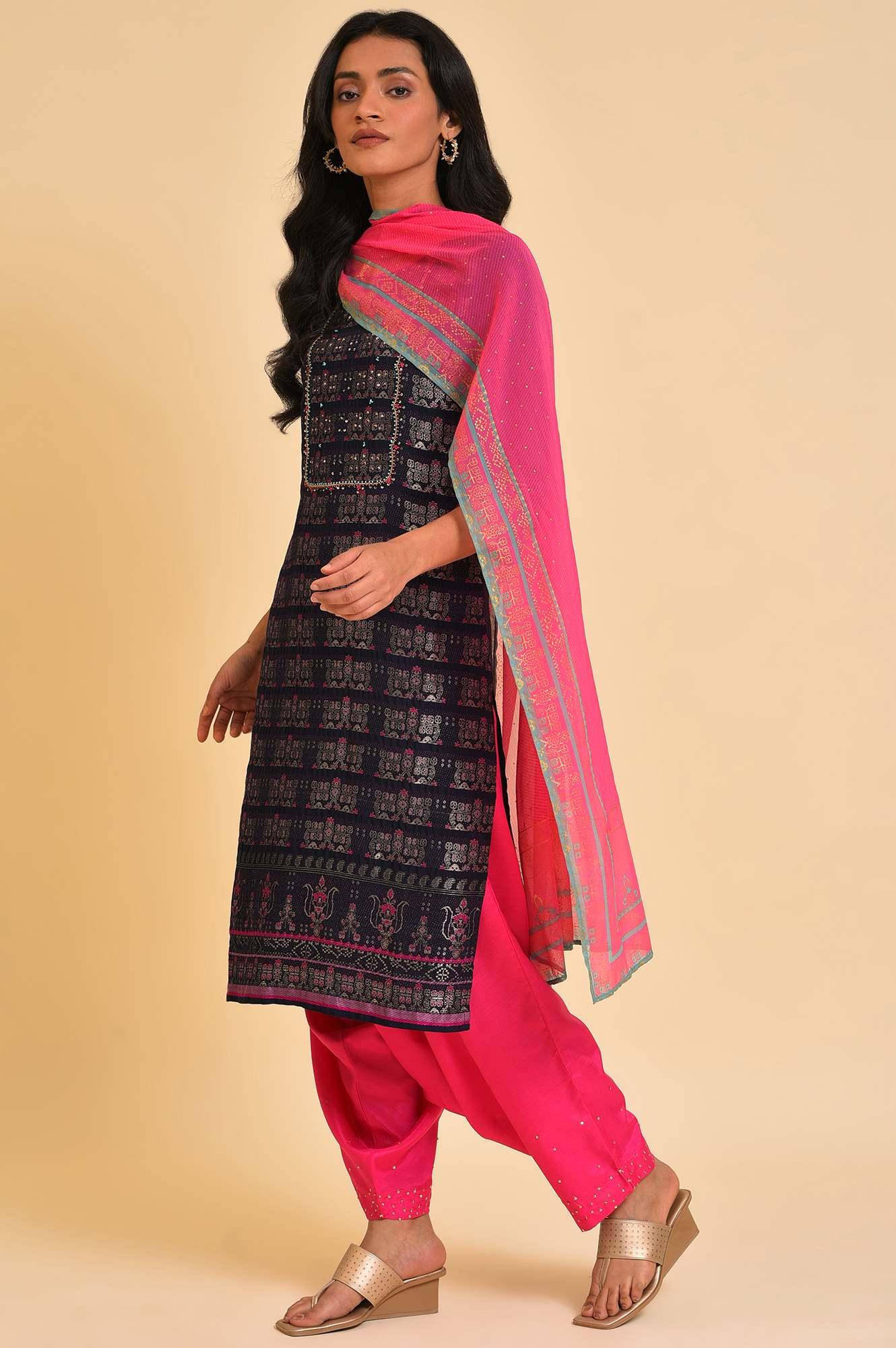 Navy Blue Festive kurta, Embroidered Salwar & Dupatta - Image 3