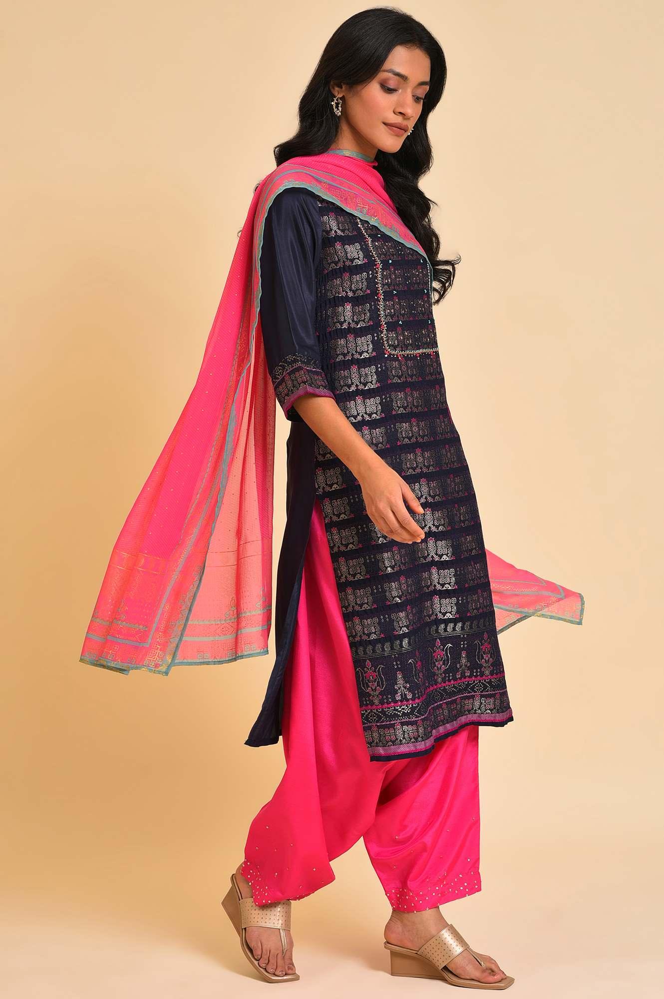 Navy Blue Festive kurta, Embroidered Salwar & Dupatta - Image 4