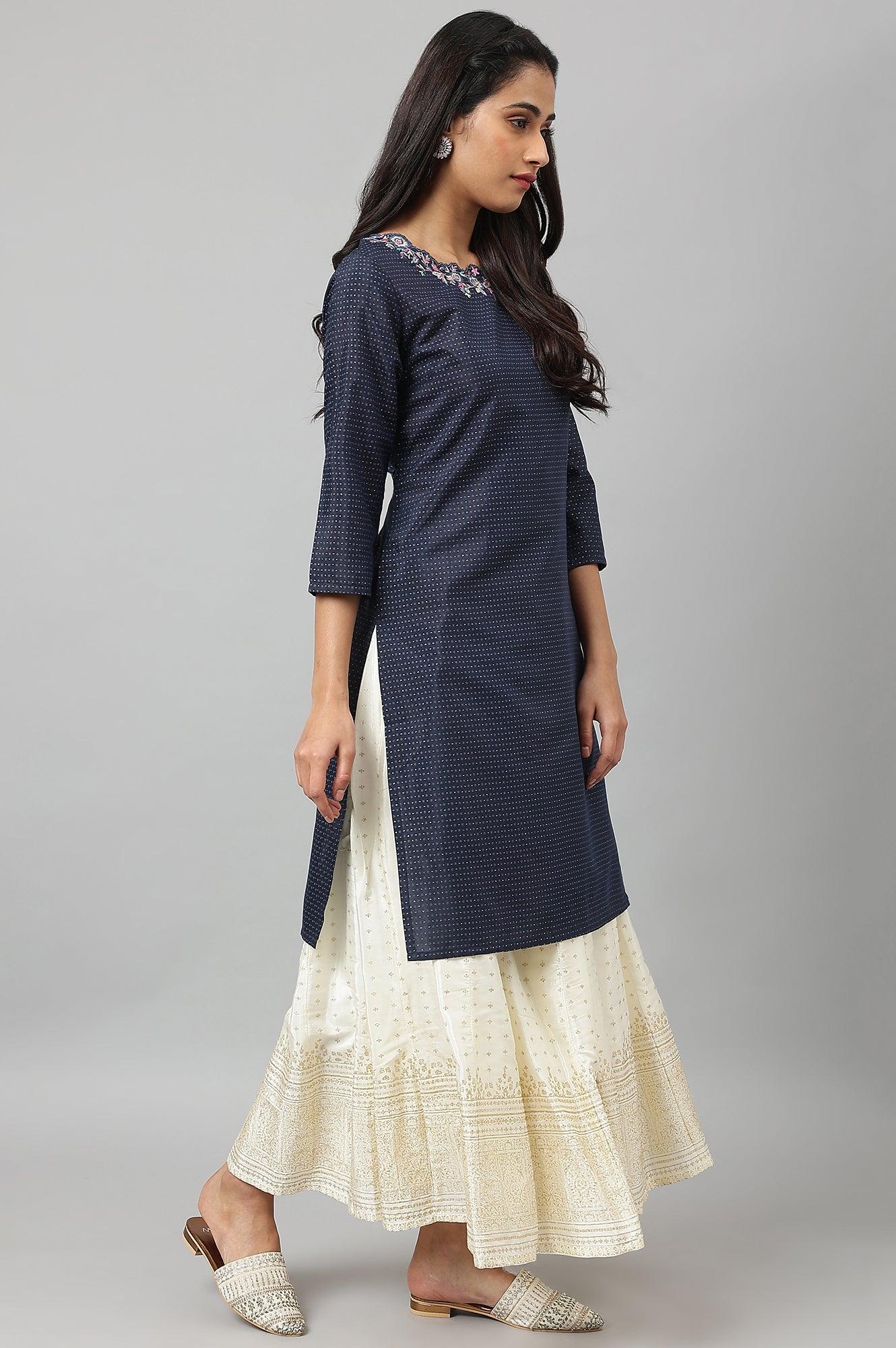 Navy Blue Festive kurta With Embroidered Neck - Image 6