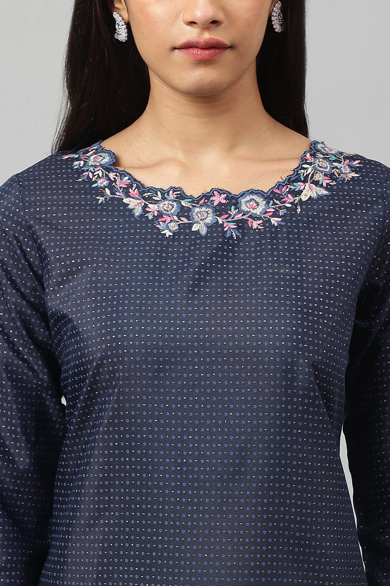 Navy Blue Festive Kurta with Embroidered Neck - Image 7
