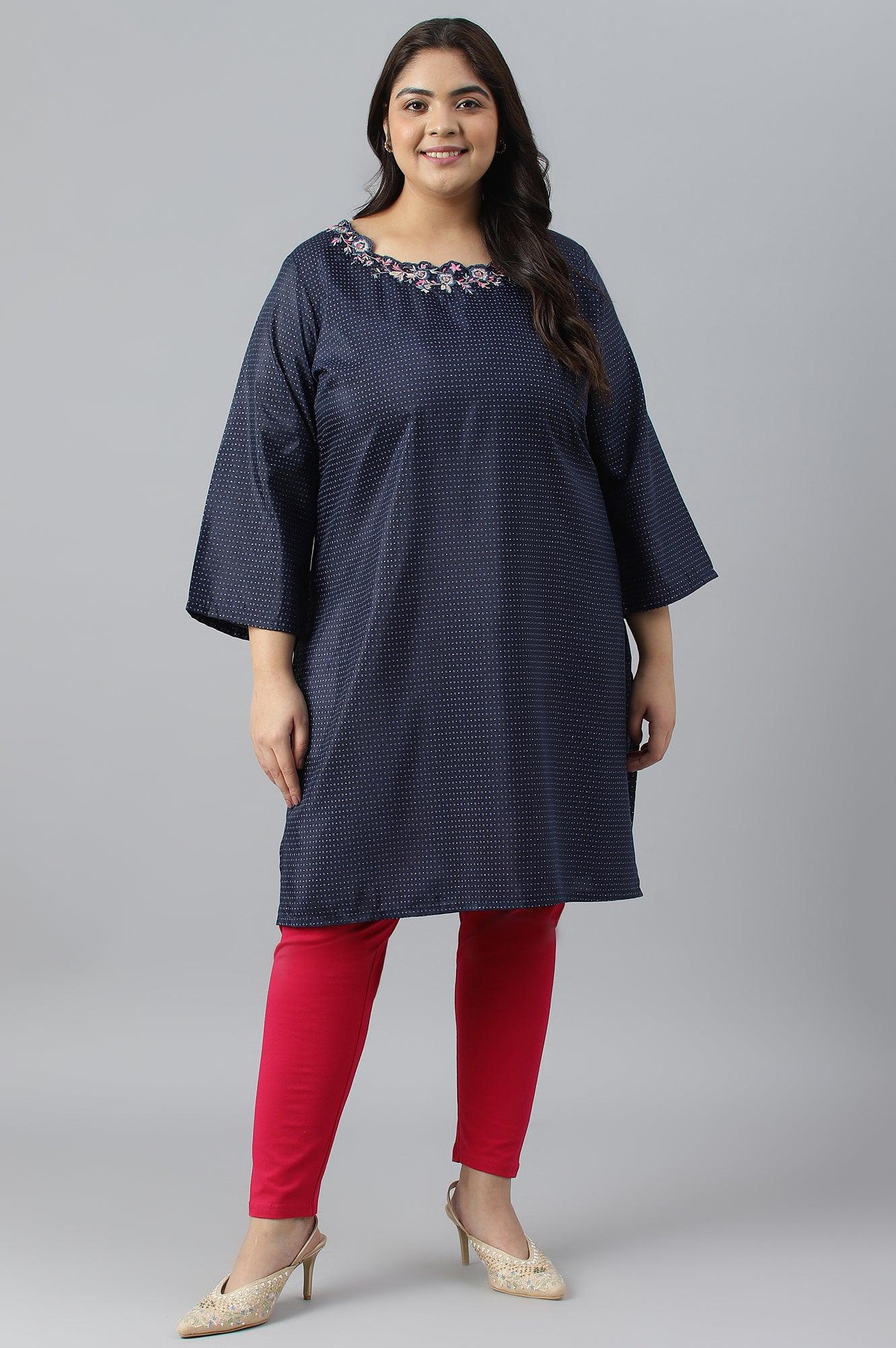 Navy Blue Festive Plus Size kurta With Embroidered Neck
