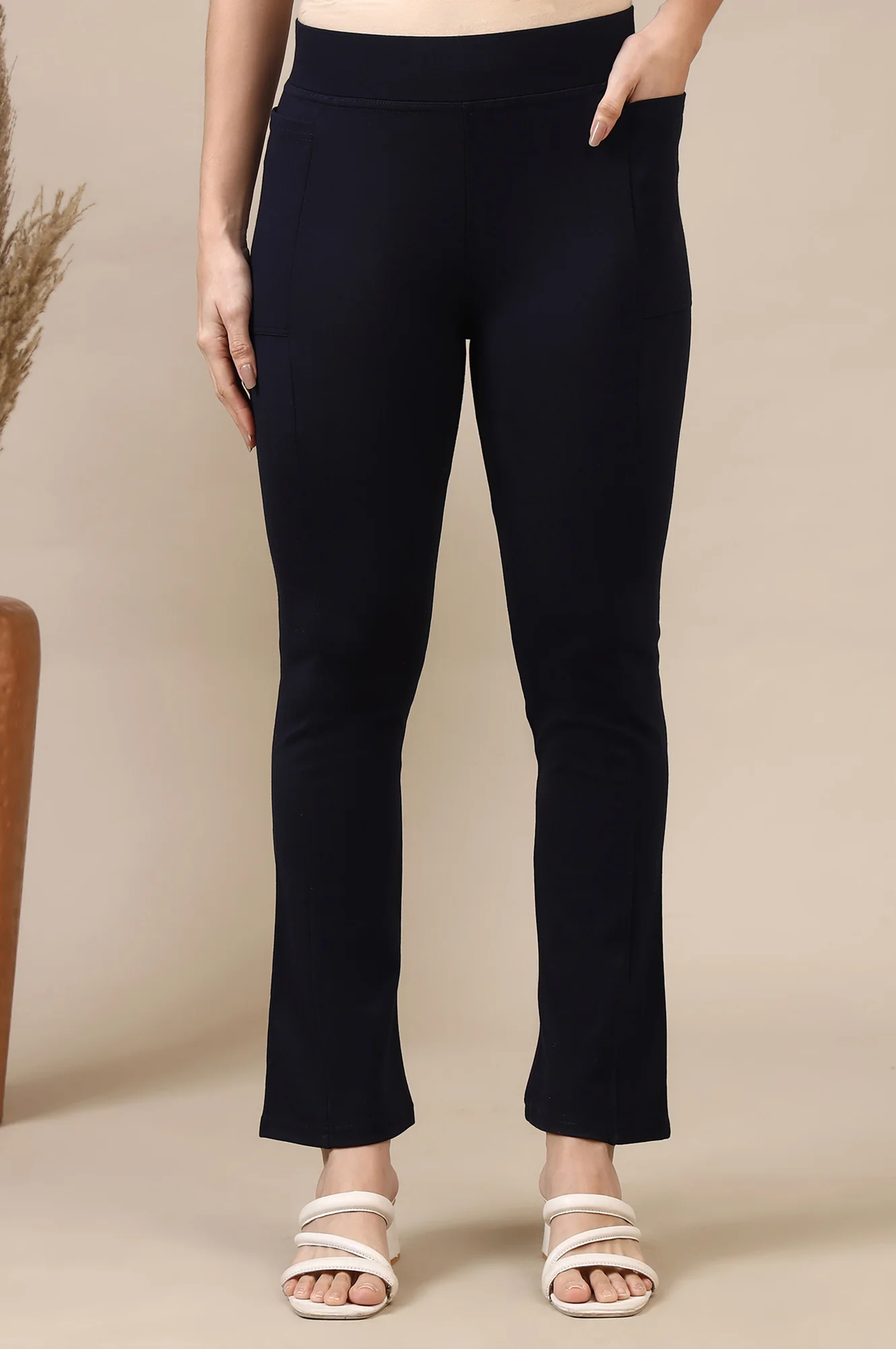 Navy Blue Solid Flared Knit Yoga Tights with High-waisted Design - Image 2