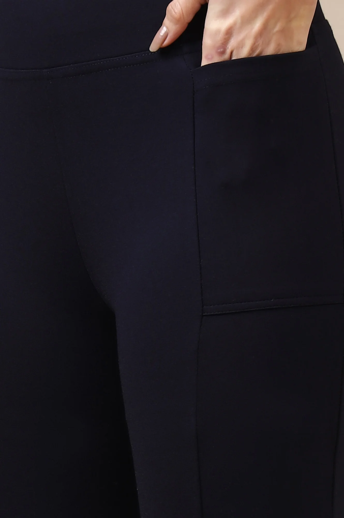 Navy Blue Solid Flared Knit Yoga Tights with High-waisted Design - Image 3