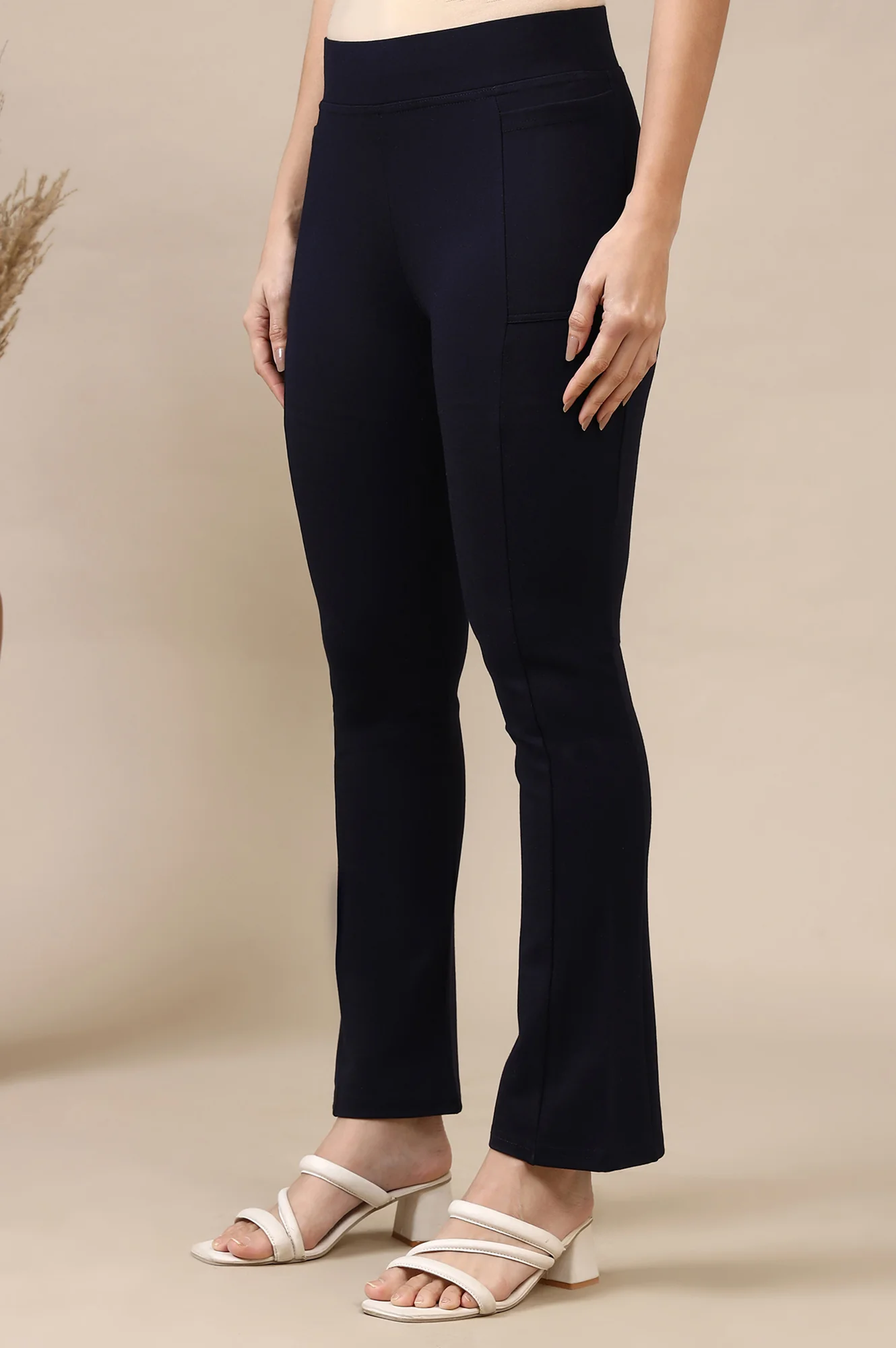Navy Blue Solid Flared Knit Yoga Tights with High-waisted Design - Image 4
