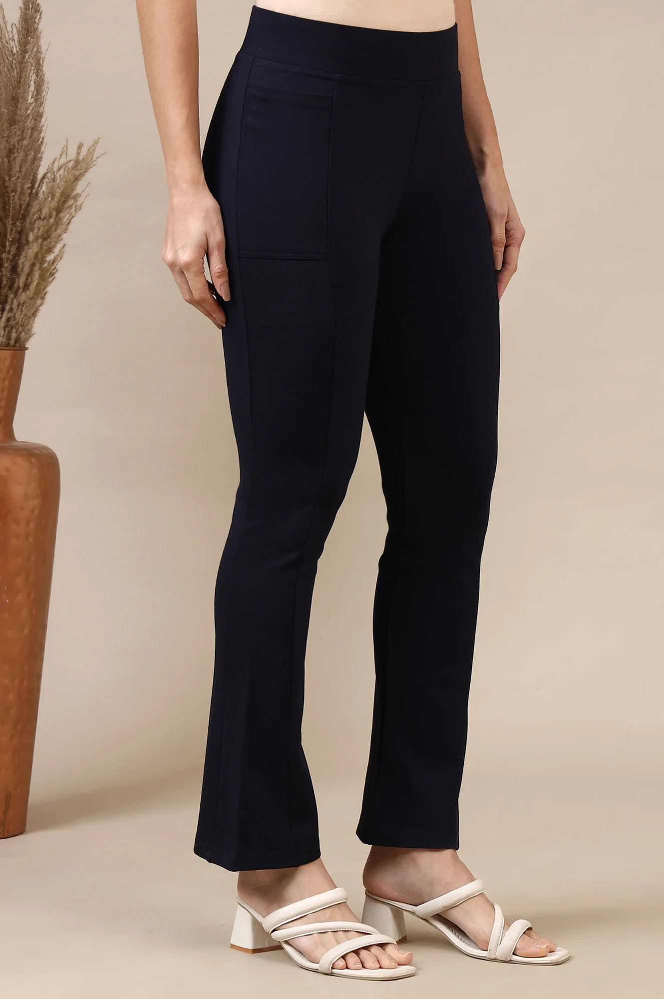 Navy Blue Solid Flared Knit Yoga Tights with High-waisted Design - Image 6