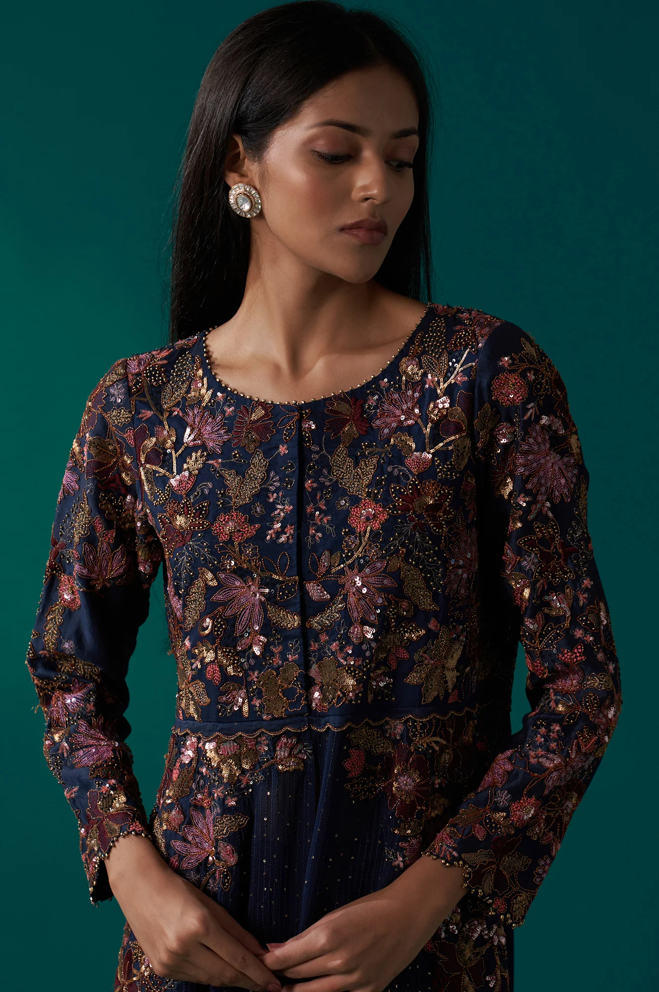 Navy Blue Heavy Embroidered Flared Georgette Kurta with Culottes Set - Image 3