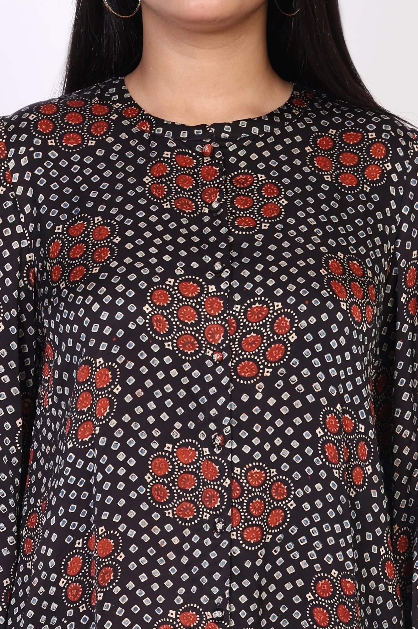 Navy Blue Floral Print Straight Modal Satin Top - Image 2