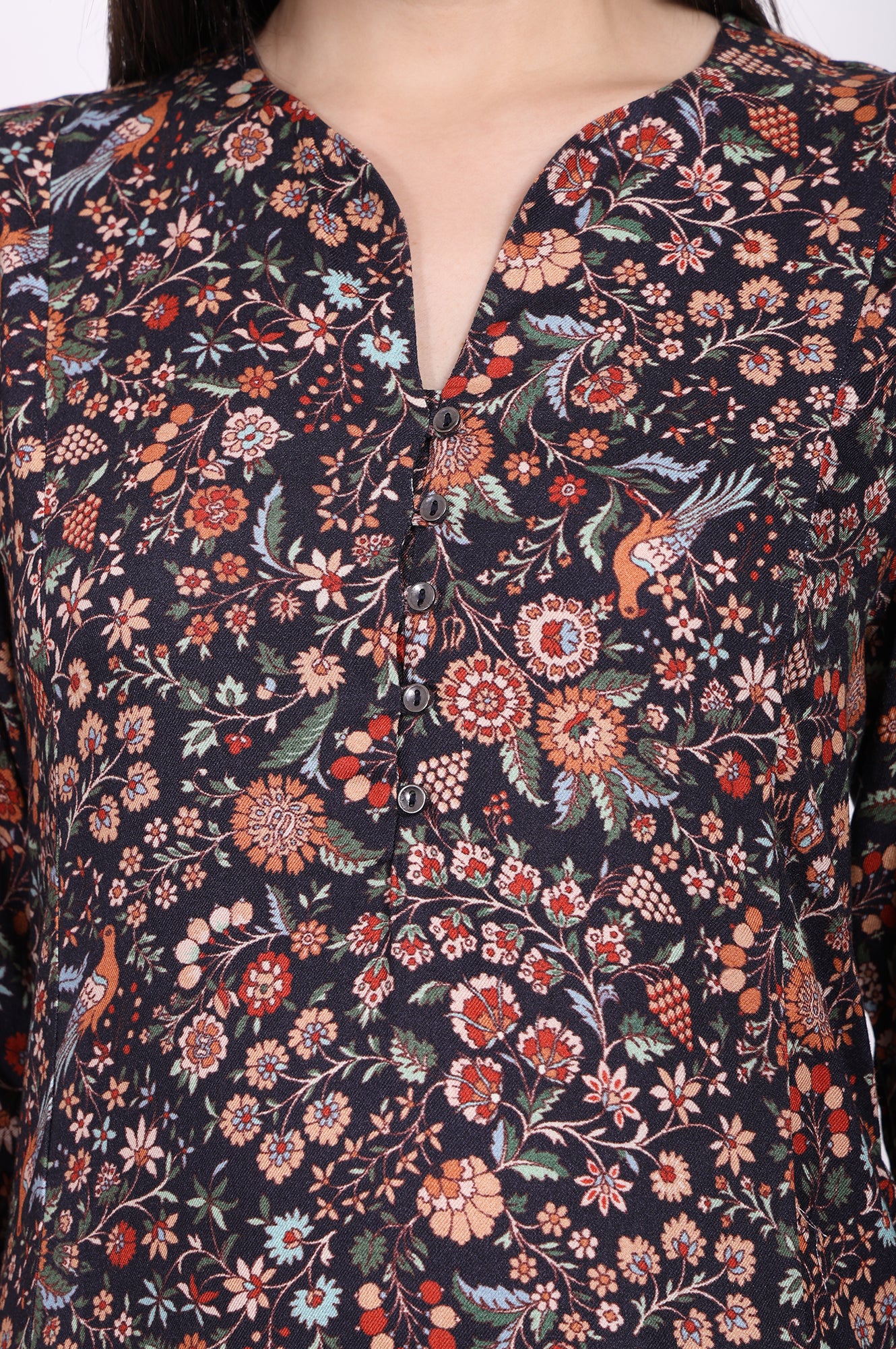 Navy Blue Floral Printed A-Line Rayon Tunic - Image 3