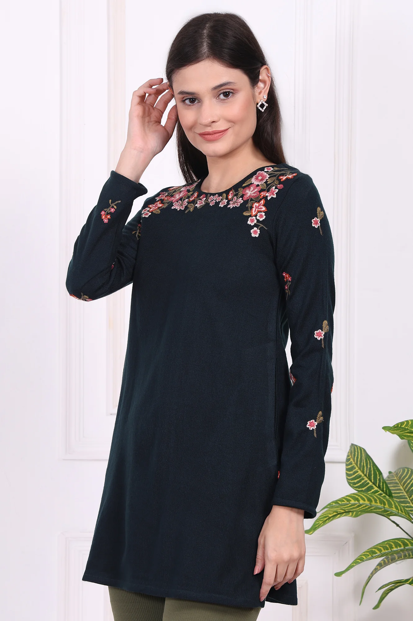Navy Blue Floral Printed Embroidered Acrylic Straight Tunic - Image 4